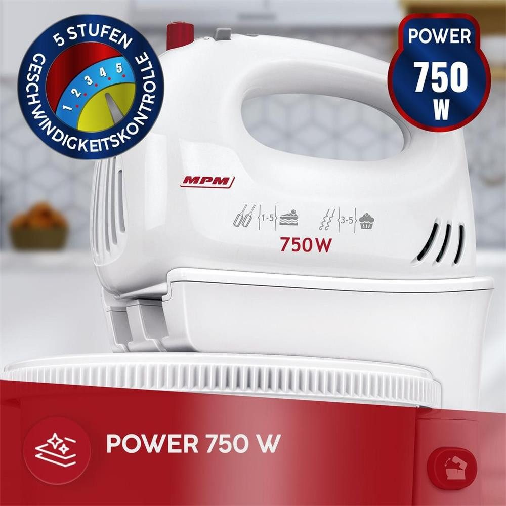 MPM Handmixer MPM MMR-16Z Handmixer mit rotierender Schüssel 750 W Weiß, 5 Geschwindigkeitsstufen, Turbofunktion, Standfuß – Bild 4 von 5