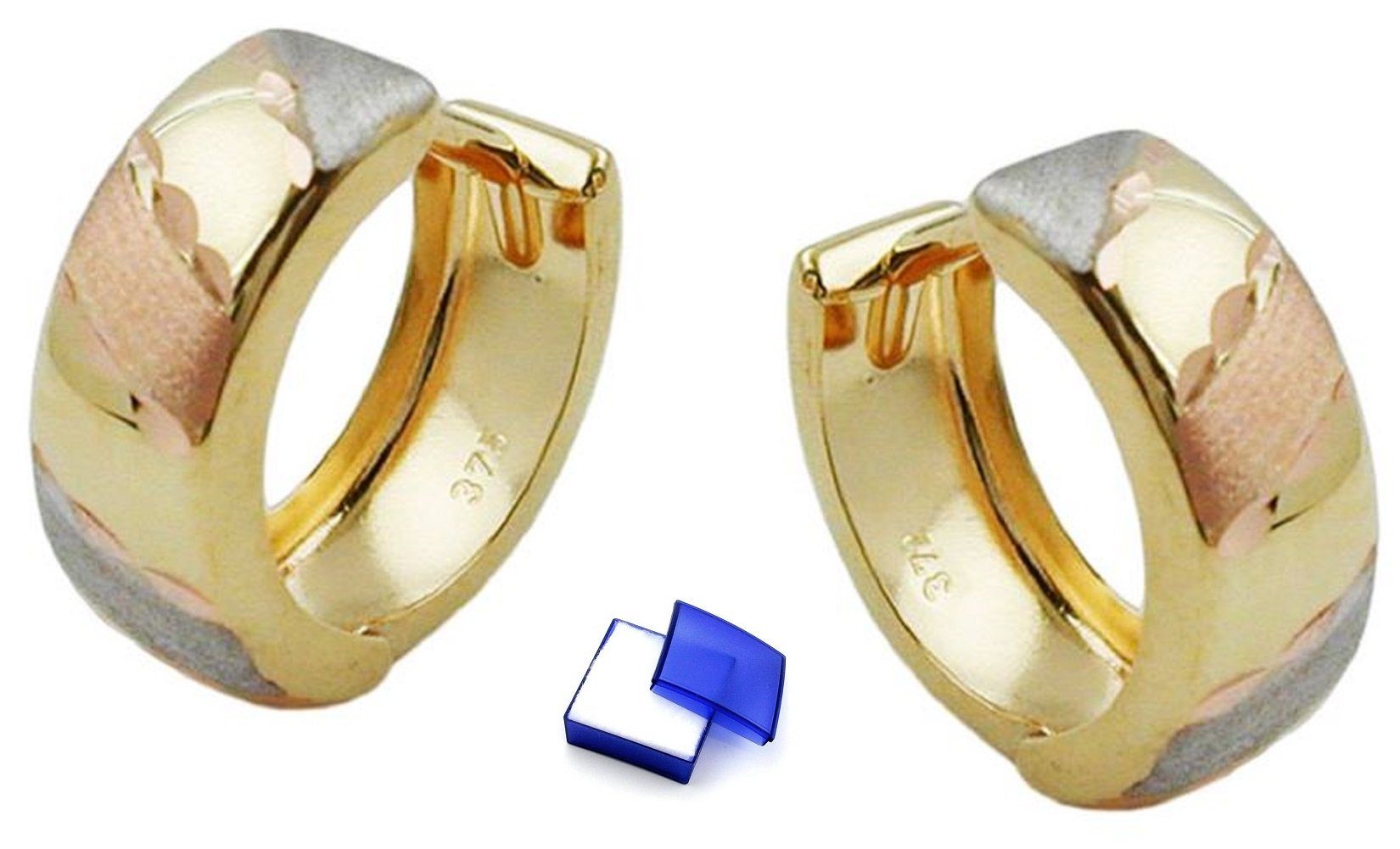 Damen Schmuck unbespielt Paar Creolen Ohrringe Creolen 12 x 5 mm diamantiert Tricolor-Optik Klappscharnier 9 Karat 375 Gold inkl