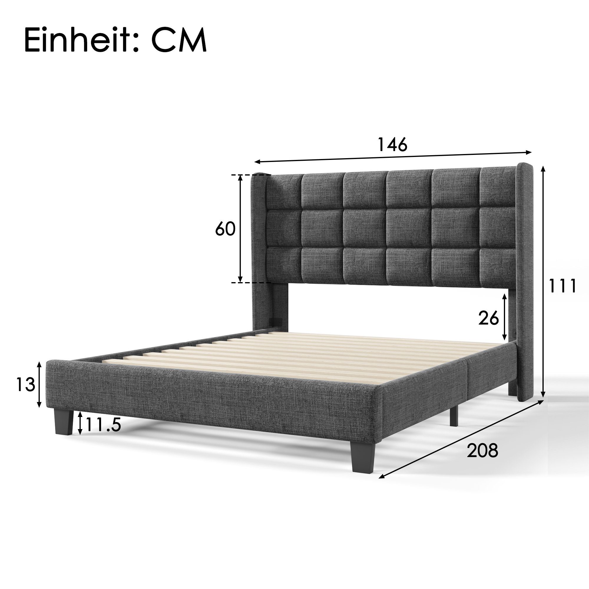 Flieks Polsterbett, Leinen Doppelbett Massivholzbett 140x200cm ohne Matratze