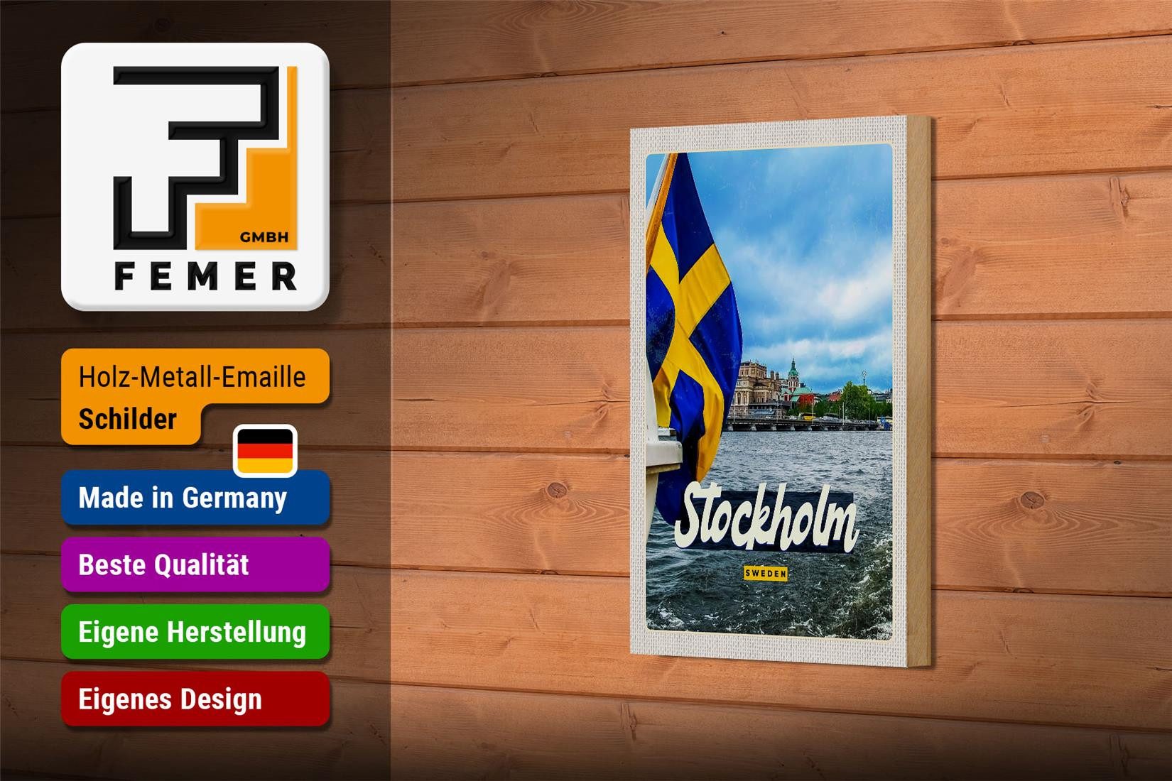 Femer GmbH Holzbild Reise 12x18 cm Stockholm Schweden Bootstur Meer, (1 St), Glatte Holzfaserplatte (MDF), vorn beschichtet