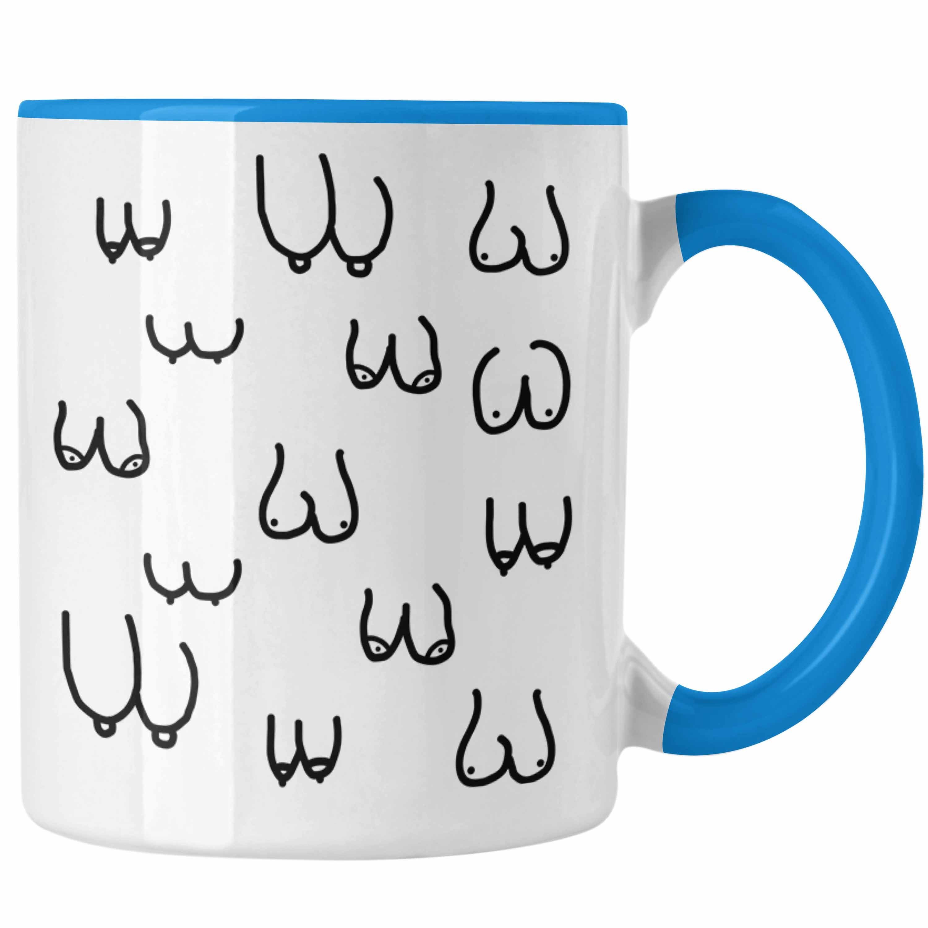 Trendation Tasse Trendation - Lustige Tasse mit Busen / Brüsten für Erwachsene als 18+ Geschenkidee Lustige Feminismus Kaffeetasse Blau