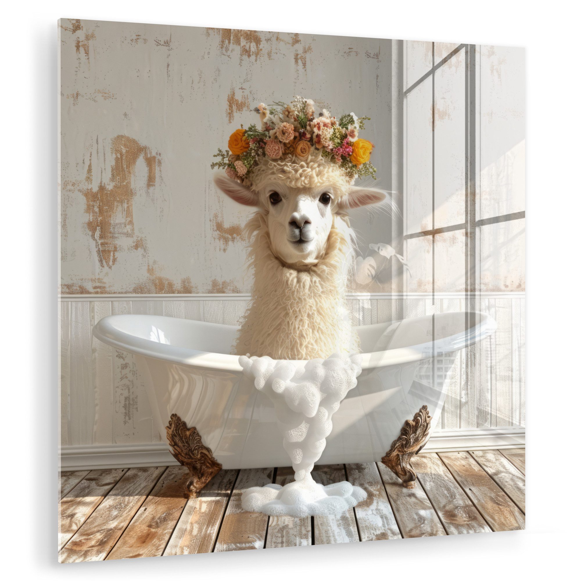 MuchoWow Acrylglasbild Vintage - Alpaka - Badewanne - Blumen - Tiere, Inkl. günstig online kaufen