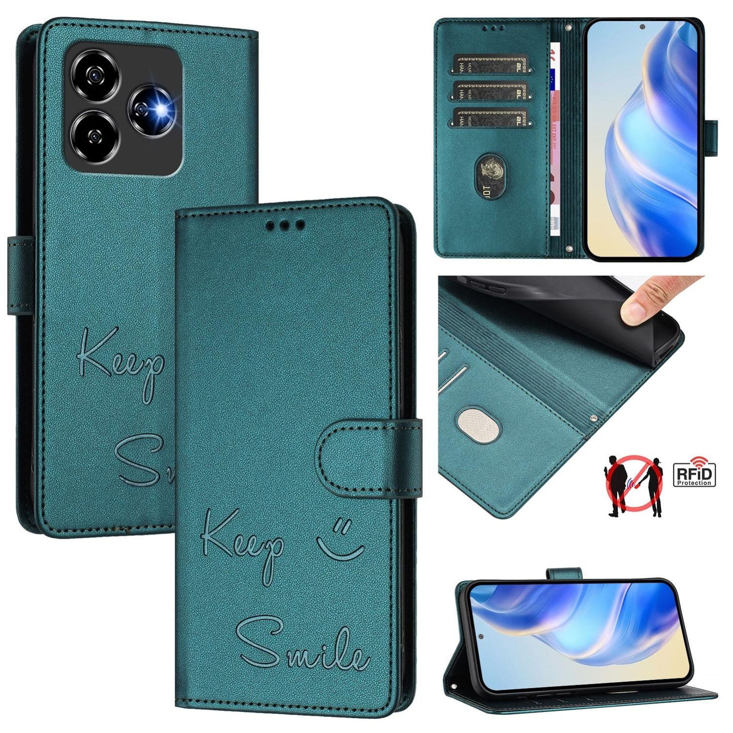 Wigento Smartphone-Hülle Für ZTE Blade V60 Vita / Axon 60 Lite Design Kunst Leder Hülle Grün, Design Kunstleder Hülle RFID-Schutz und praktischen Kartenfächern
