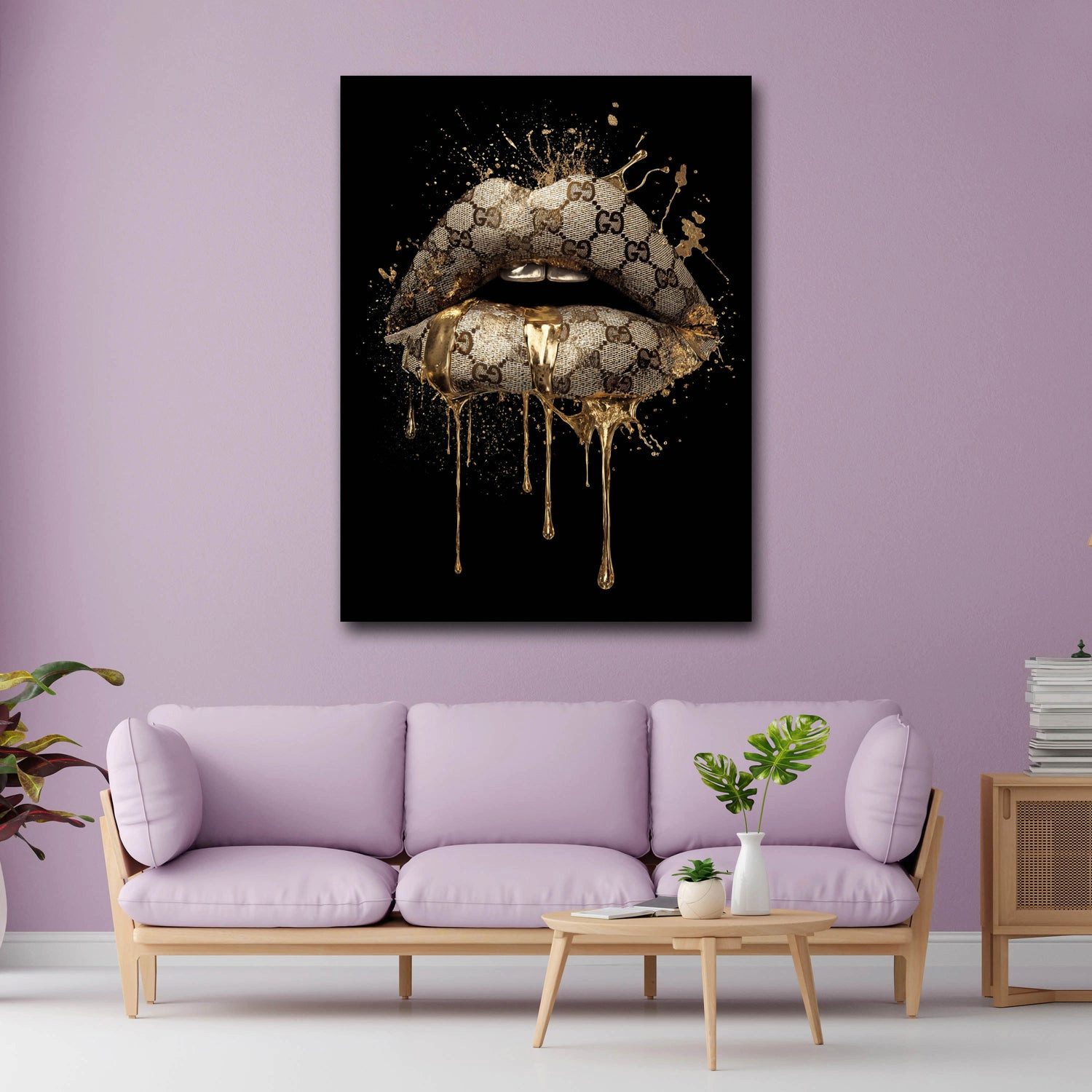Artedinoi Leinwandbild Goldene Lippen Luxus Kunst Mode Leinwandbild Wandbild Kunstdruck XL Wa, Goldene Lippen, Luxus