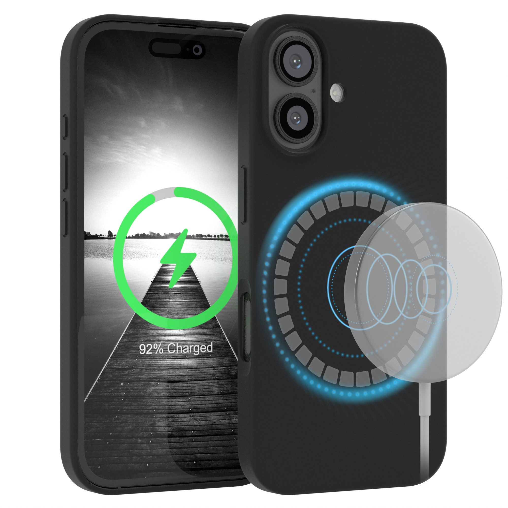 EAZY CASE Handyhülle Silikonhülle mit MagSafe für Apple iPhone 16 6,1 Zoll, Cover kompatibel mit Qi Magsafe Bumper Silicon Case kratzfest Schwarz