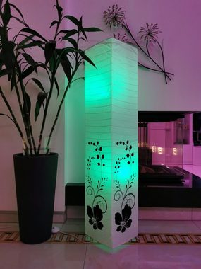 TRANGO LED Stehlampe 1210RGB, 1210RGB LED Stehlampe *GREECE* Reispapierlampe *HANDMADE* in weiß mit floralem Motiv in eckig inkl. 2x E14 LED Leuchtmittel mit Multi Color Farbwechsel Farbsteuerung & warmweiß per Fernbedienung - Höhe: ca. 125cm, warmweiß + RGB Multi Color Farbwechsel, Wohnzimmerlampe - Reispapier Lampenschirm – Stehleuchte