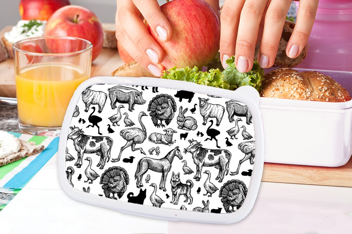 MuchoWow Lunchbox Kinder Brotdose, und Schwarz Mädchen Brotbox Erwachsene, Kunststoff, - für Jungs Tiere und weiß, Muster und (2-tlg), - für
