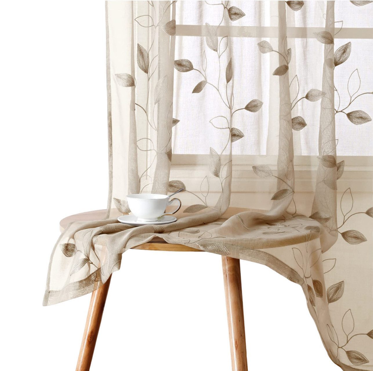 Agger Vorhang Leinen Voile Vorhänge, halbtransparente Blumenvorhänge, Blätter-Stickerei Vorhänge, geeignet für Schlafzimmer und Wohnzimmer