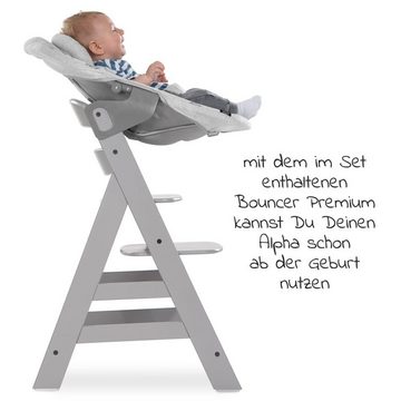 Hauck Hochstuhl »Alpha Plus Grau XL Newborn Set« (Set, 5 St), Baby Holz Hochstuhl - Babystuhl ab Geburt mit Liegefunktion inkl. Aufsatz für Neugeborene (Wippe), Essbrett Alpha Tray & Sitzauflage Grey - mitwachsend, höhenverstellbar