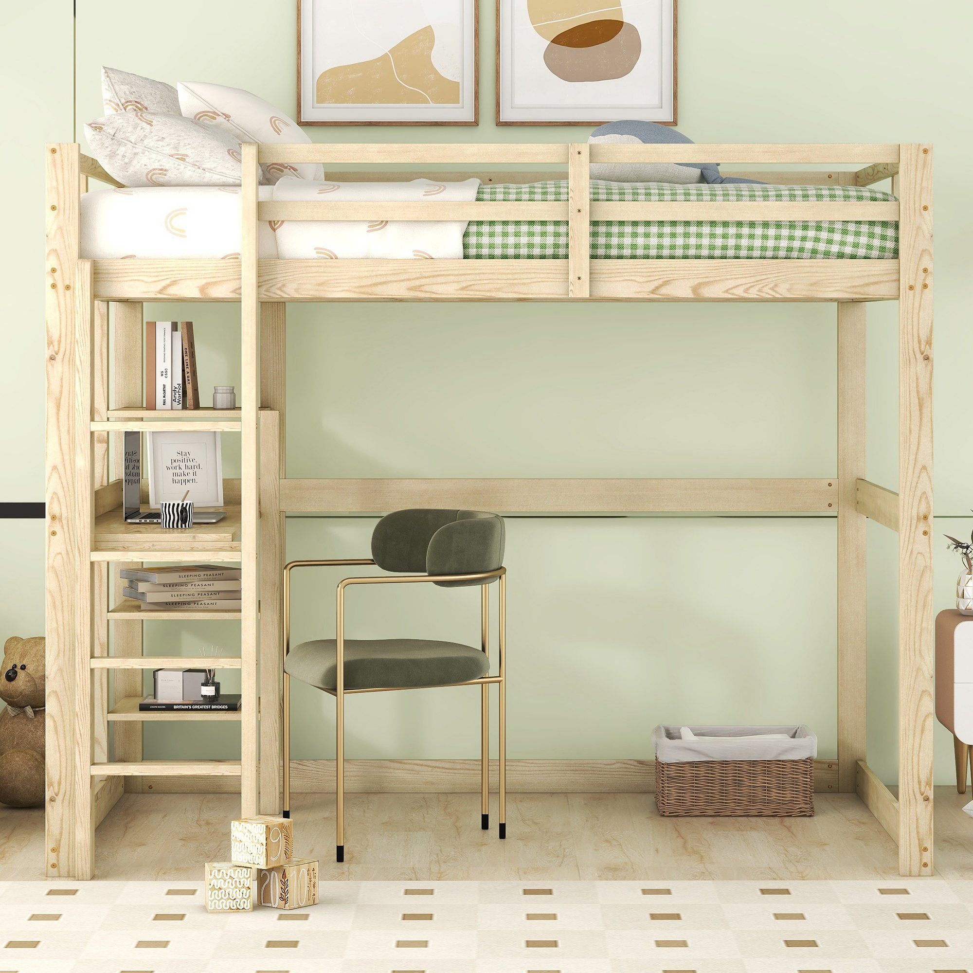 OKWISH Bett Kinderbett, Betten für Zuhause 140 X 200 cm (mit 4 Ablagefächern und einer Schreibtischplatte, mit Stauraum, komplett aus Kiefer), Ohne Matratze natur