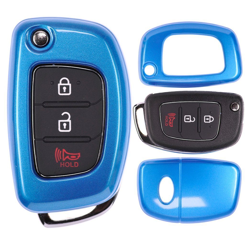 mt-key Schlüsseltasche Autoschlüssel Hardcover Schutzhülle Metallic Blue, für Hyundai i20 i30 ix35 i40 Santa Fe Tucson Klappschlüssel Metallic Blau