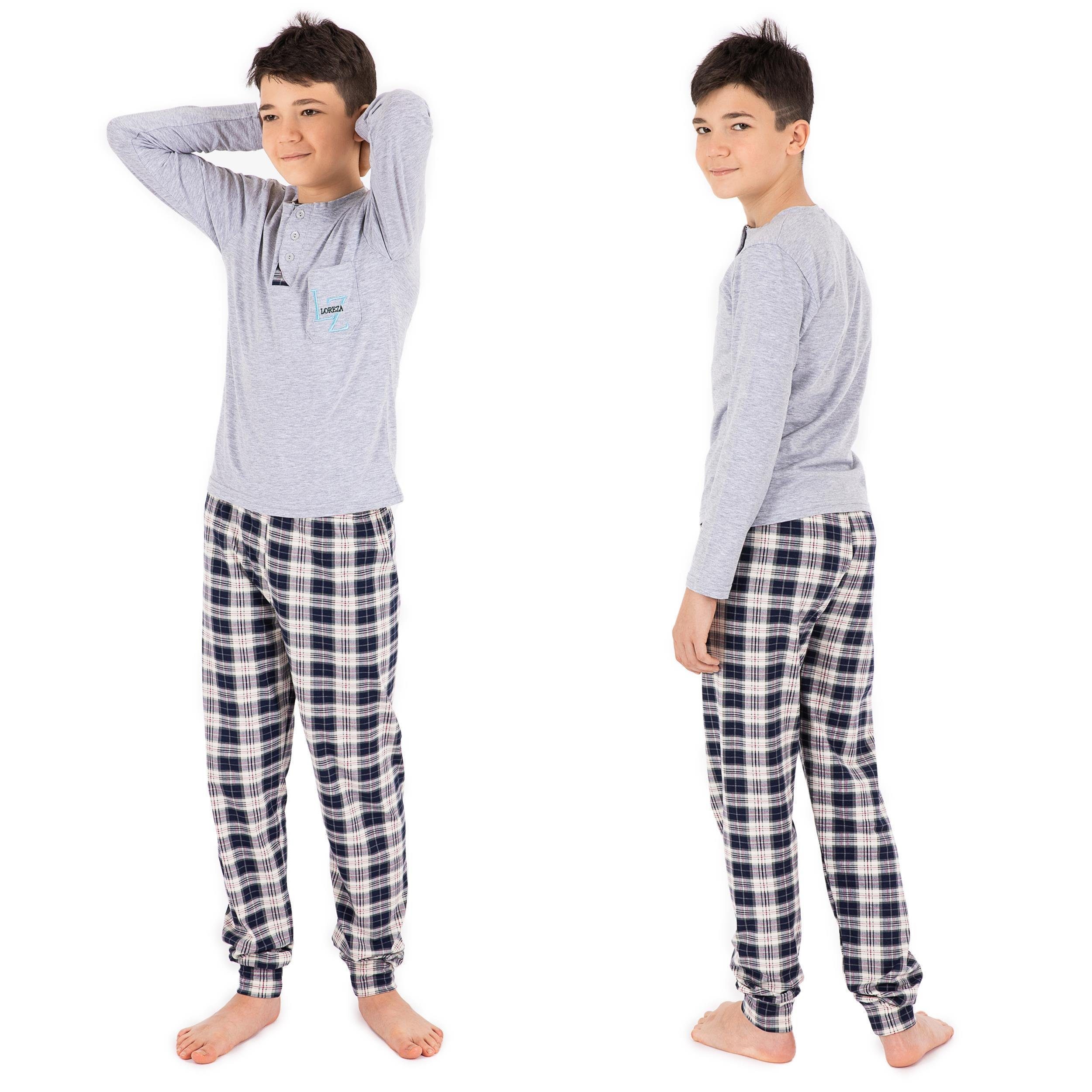 LOREZA Pyjama Jungen zweiteiliger Schlafanzug Langarm aus Baumwolle kariert (Set, 2 tlg) Grau