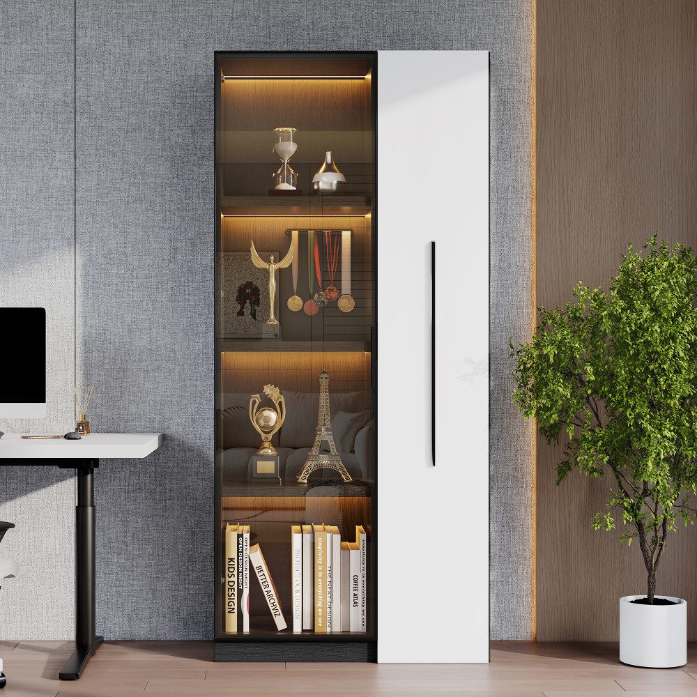 BBWL Vitrine mit LED-Beleuchtung und Seitenauszug, Glasvitrine MDF Weinschrank Vitrine Bücherregal Esszimmerschrank