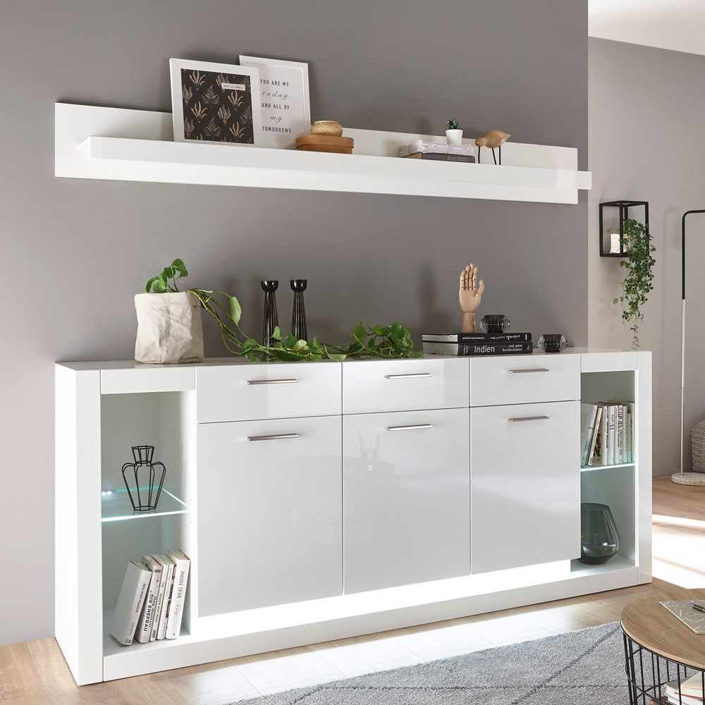 Lomadox Sideboard MAILAND-61, in Hochglanz weiß inkl. LED-Beleuchtung 198/123/43cm