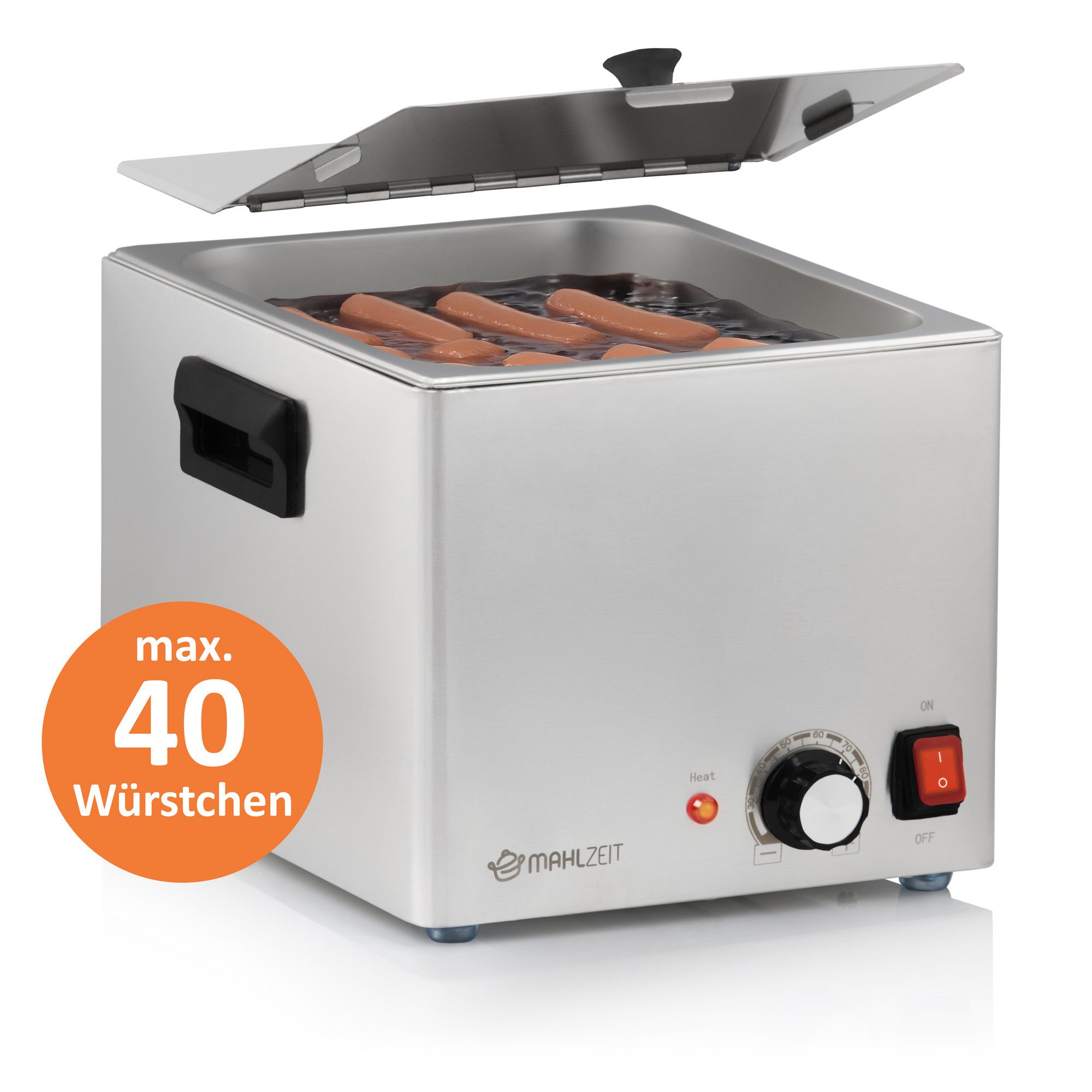 Mahlzeit Speisenwärmer Edelstahl Würstchenwärmer elektrisch, 1200 W, 6 Liter