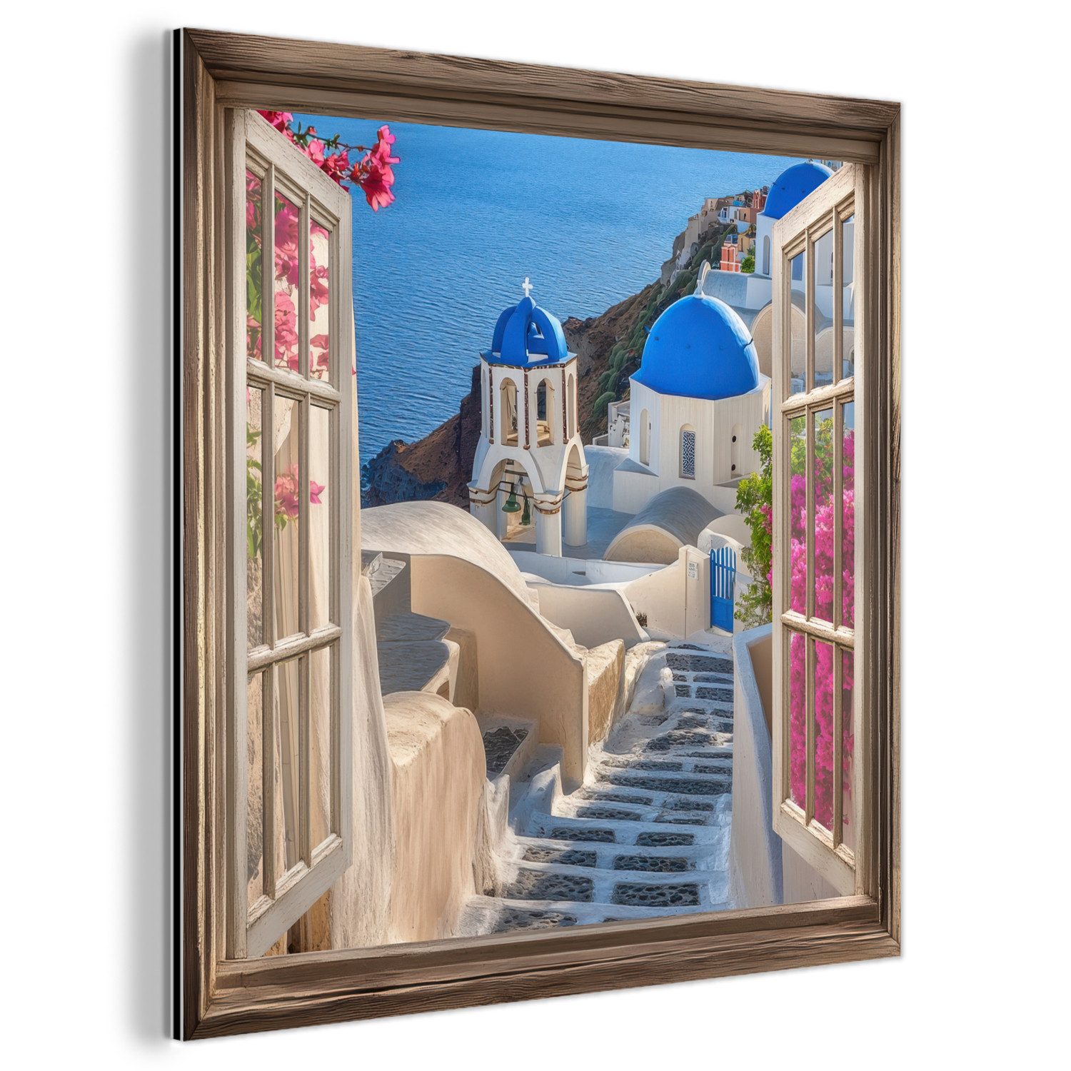 MuchoWow Metallbild Fensterblick - Fenster - Santorini - Landschaft - Blau - Griechisch, Inkl. Aufhängung, Alu-Dibond-Druck, Wandbild aus Metall, Aluminium deko, 20x20 cm