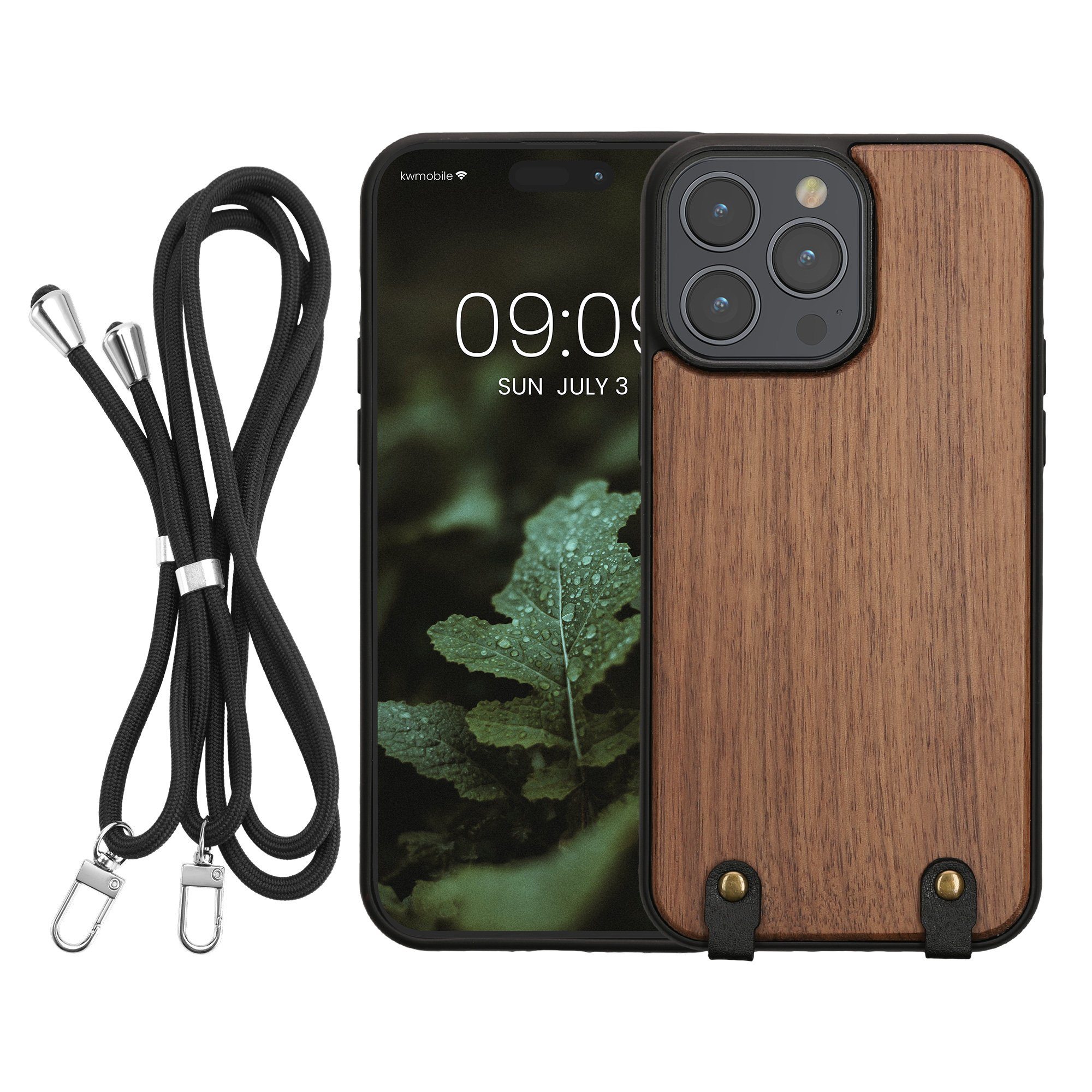 kwmobile Etui Necklace Case für Apple iPhone 14 Pro Max Hülle, Holz TPU Cover mit Handykette - Band Handyhülle