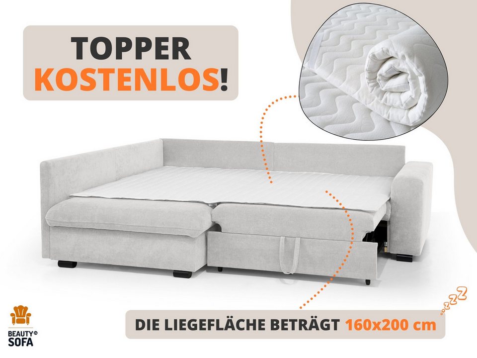 Beautysofa Ecksofa RAMO mit Schlaffunktion 160x200 cm, Beige (Velo 621), Rechts