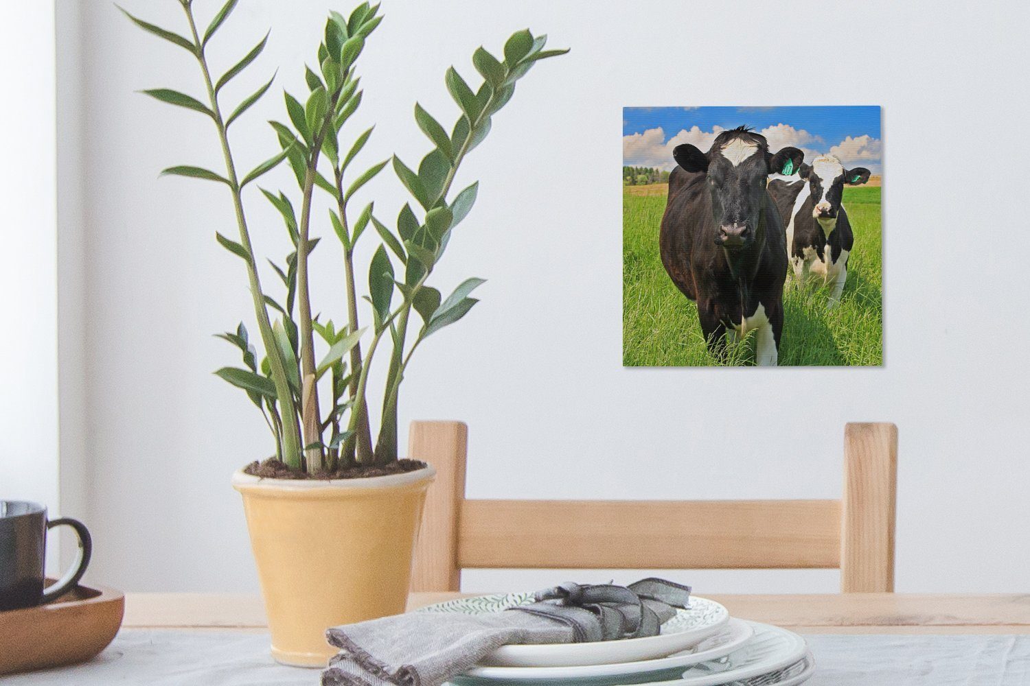 Bilder Leinwandbild Gras Leinwand Wohnzimmer Natur bunt - St), - (1 Schlafzimmer Kuh - OneMillionCanvasses® für Tiere,