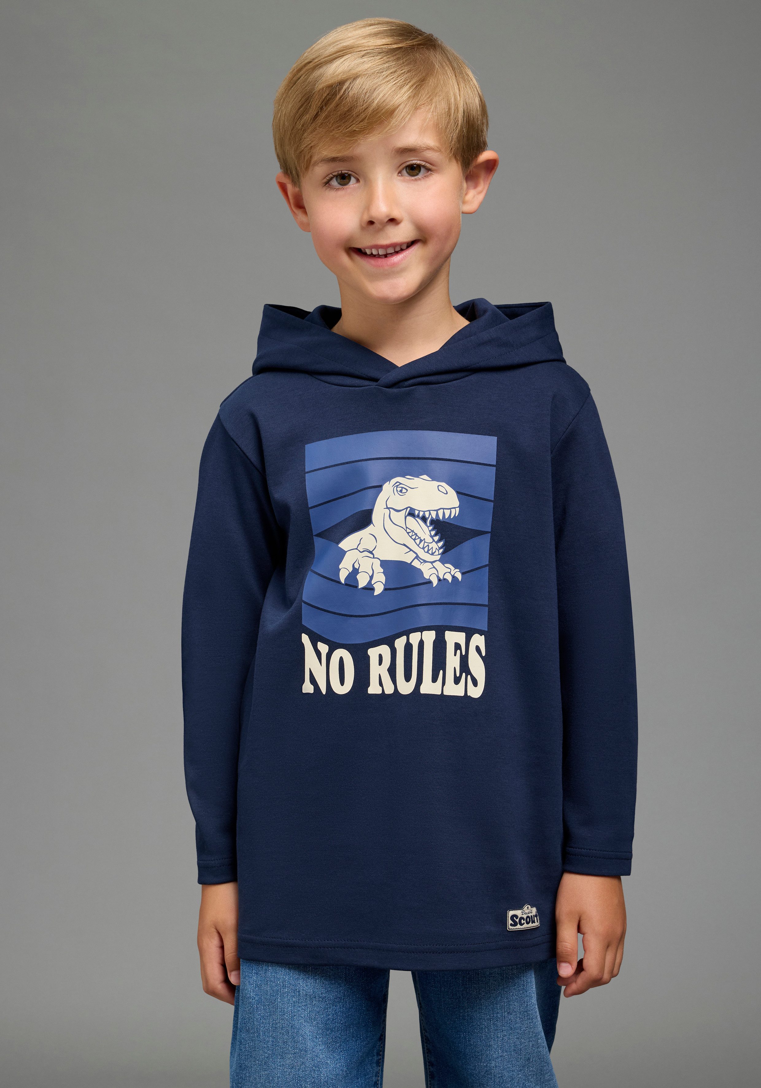 Scout Kapuzenshirt Kapuzenshirt mit coolem Dino-Druck - NEU von SCOUT Shirt mit Spruch: NO RULES, langarm, modischer Stil