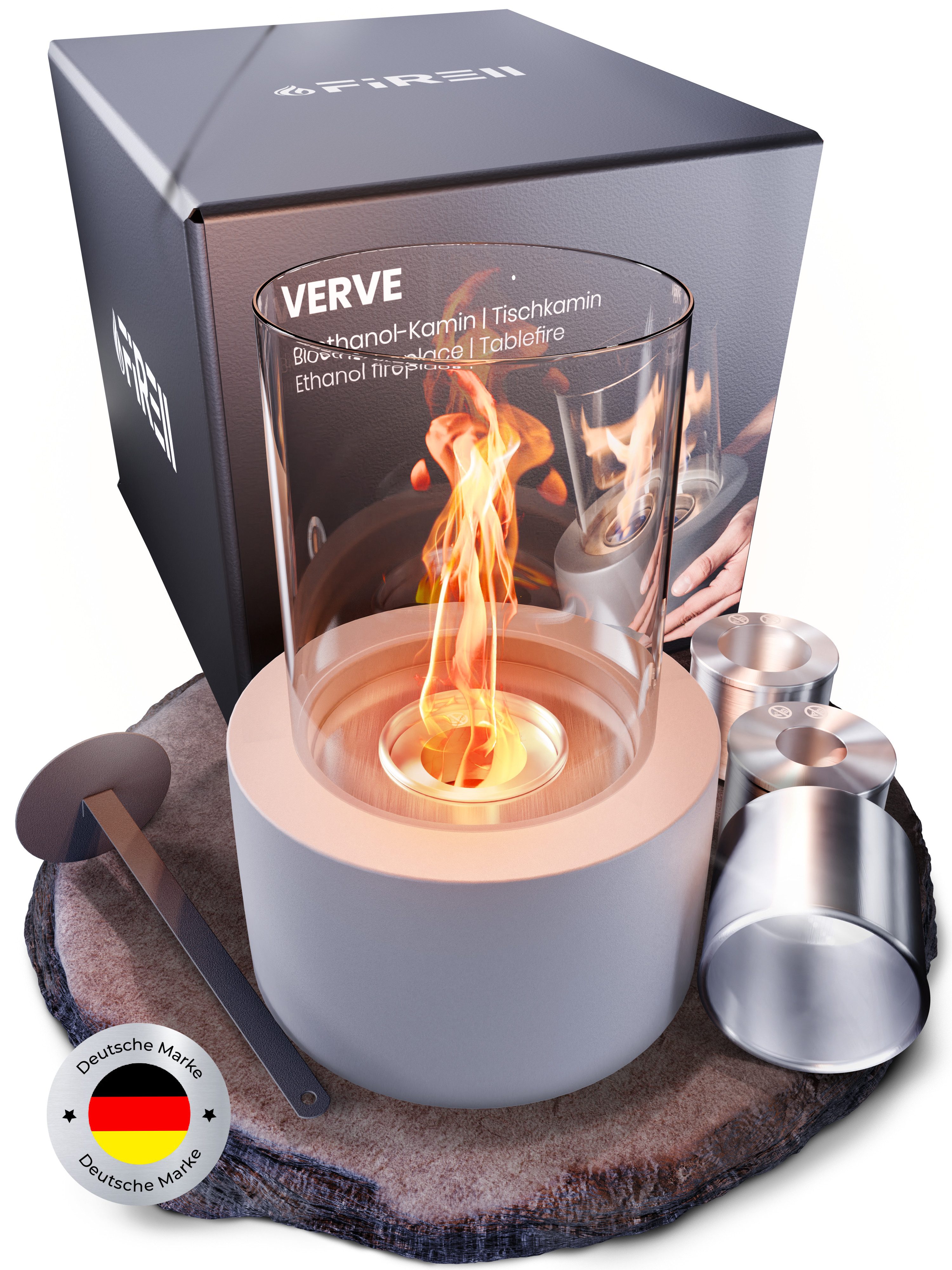 FIRELL Tischfeuer Ethanol Tischkamin Indoor & Outdoor Echtfeuer-Dekokamin (aus massivem Beton, Komplett-Set), Verstellbare Flamme, 3,2 kg Beton, 3h Brenndauer
