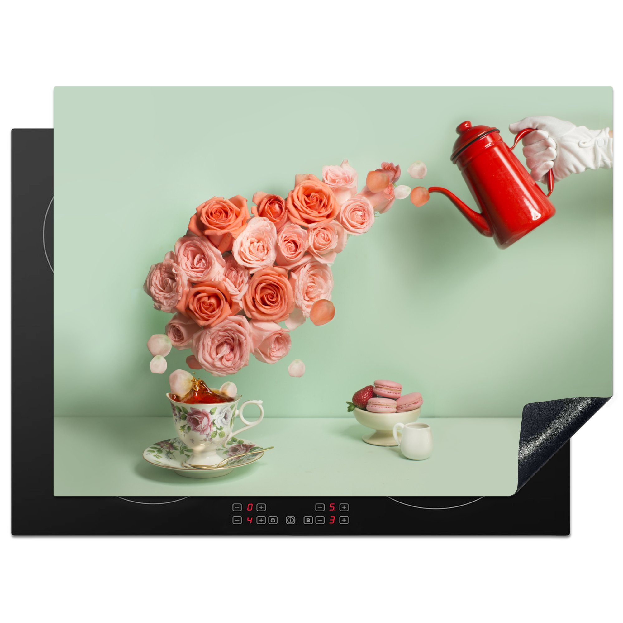 Krug tlg), Ein Rosen, 70x52 Herdblende-/Abdeckplatte cm, Arbeitsfläche gießt roter (1 nutzbar, mit Tee MuchoWow Ceranfeldabdeckung Mobile Vinyl,