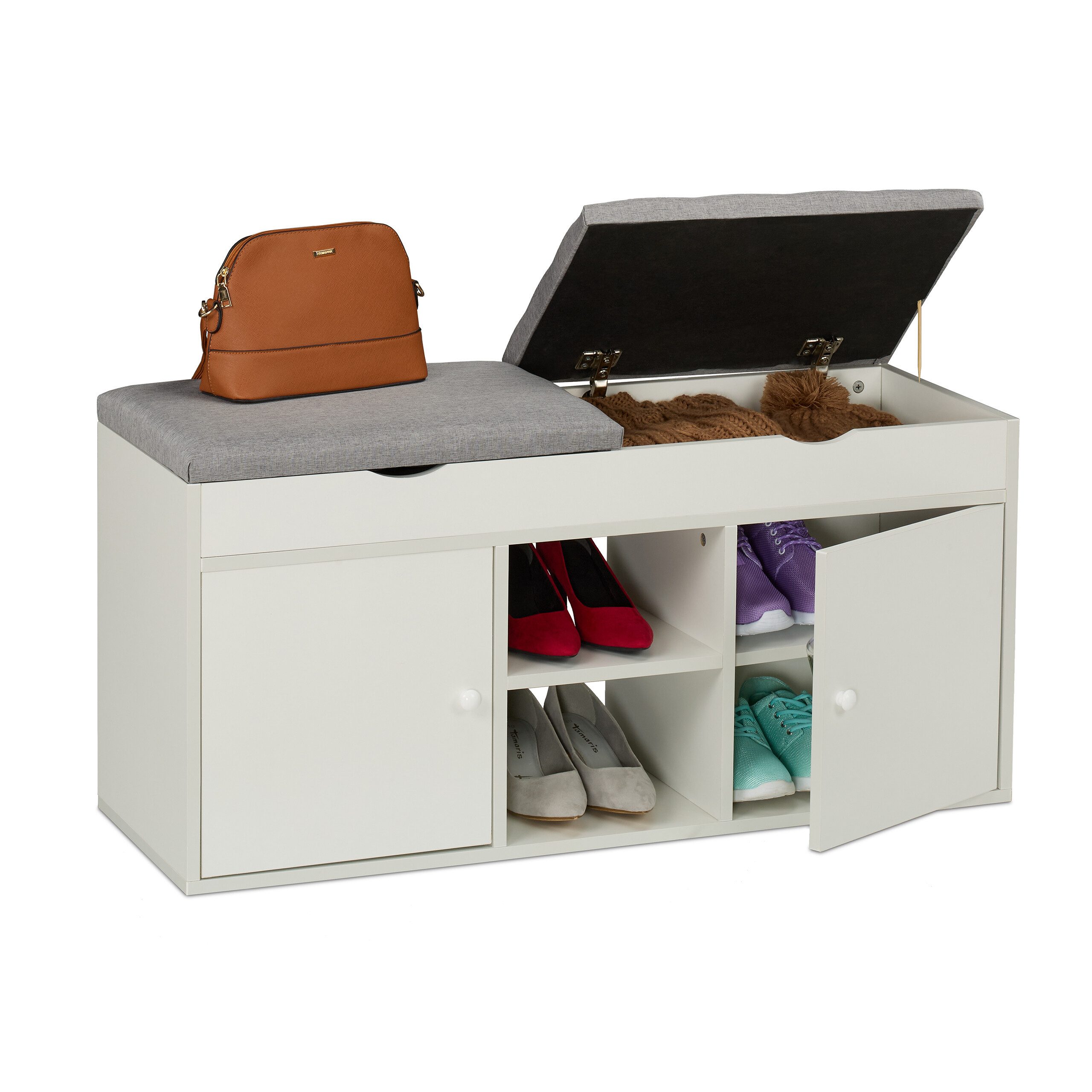 relaxdays Schuhbank mit klappbarer Sitzfläche, Weiß-Grau