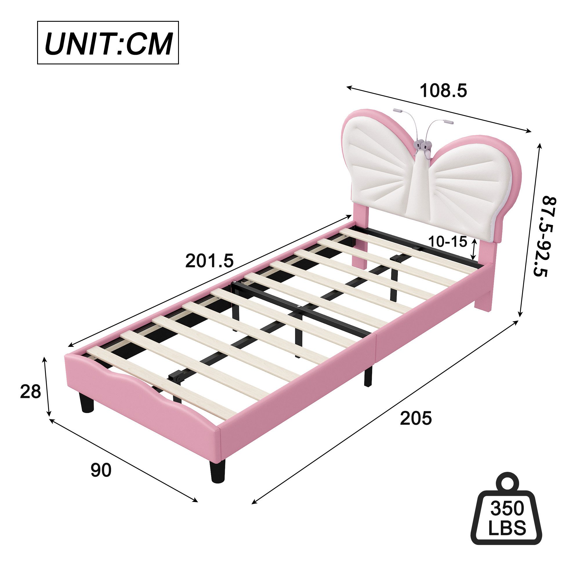 Furnishings Home Kinderbett Polsterbett LED mit Kopfteil 90x200 cm (Einzelbett mit LED-Beleuchtung), Geeignet für Jungen und Mädchen