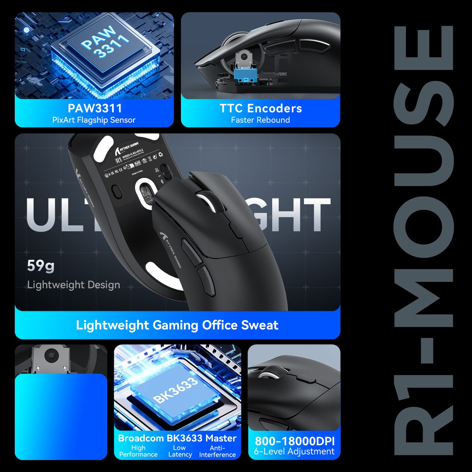 ATTACK SHARK R1 Kabellose Gaming-Maus, PAW3311-Sensor, 18K DPI Gaming-Maus (2.4G, Bluetooth, USB-C, 59 g,18000 DPI,Office-Maus für Win11/Xbox/PS/Mac)