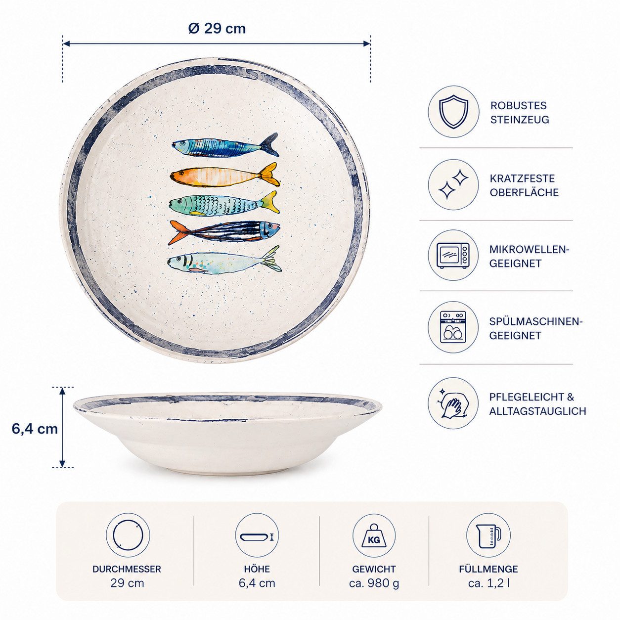 WestCraft Speiseteller Teller, mediterran mit Sardinen-Motiv, Maritime Pastateller 29 cm, (4 St), 4er Set, hochwertig und robust - langlebig und vielseitig einsetzbar