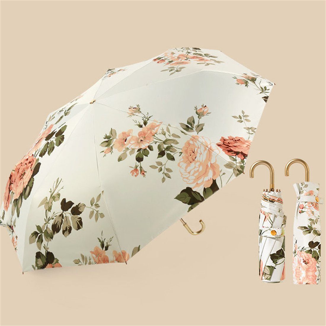UV-Faltschirm,Tragbarer DÖRÖY Regenschirm,Goldener Taschenregenschirm Haken-Regenschirm
