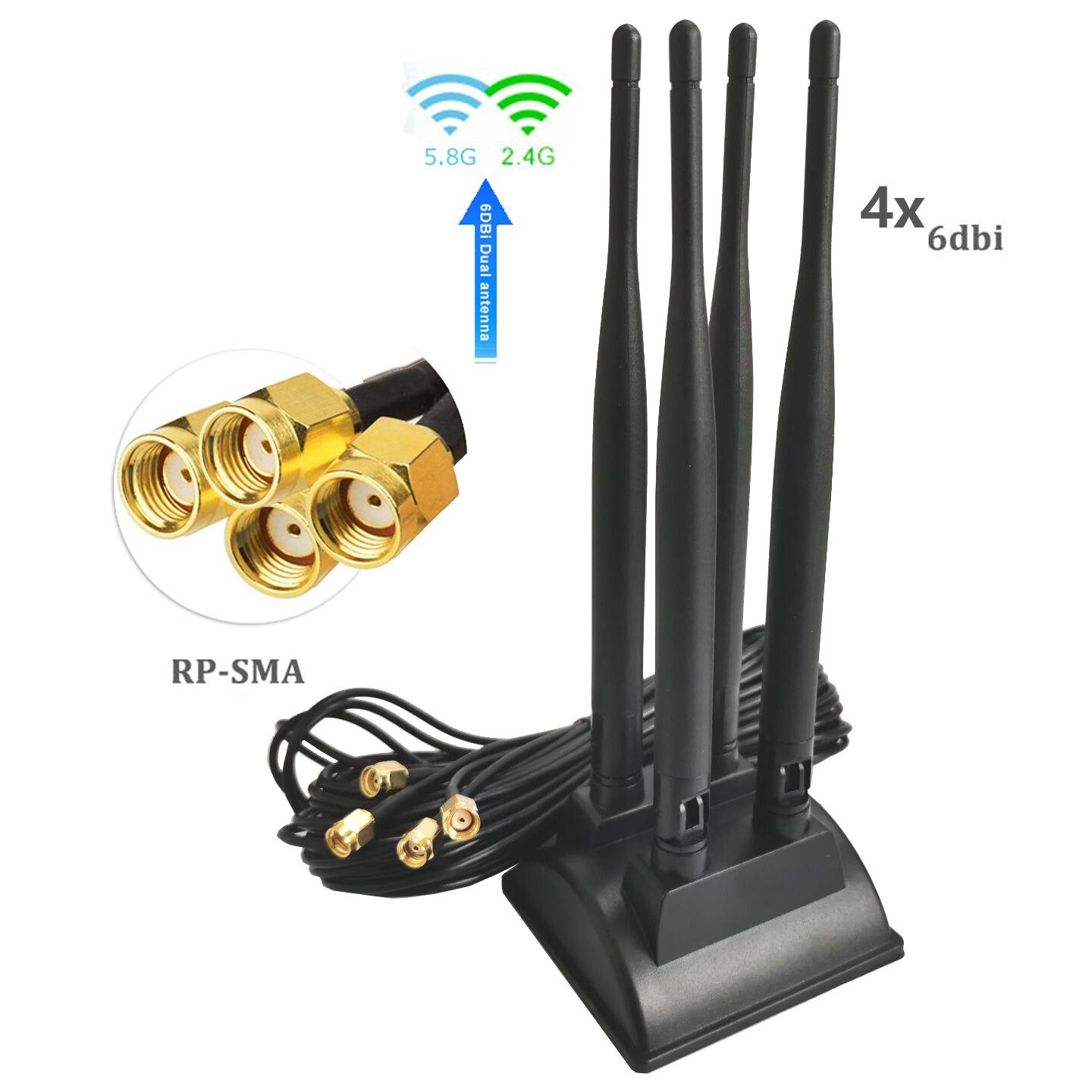 I03D 3m 2.4G 5.8G WiFi Antenne 4x 6dBi RP-SMA Adapter Kabel Standfuss WLAN-Antenne