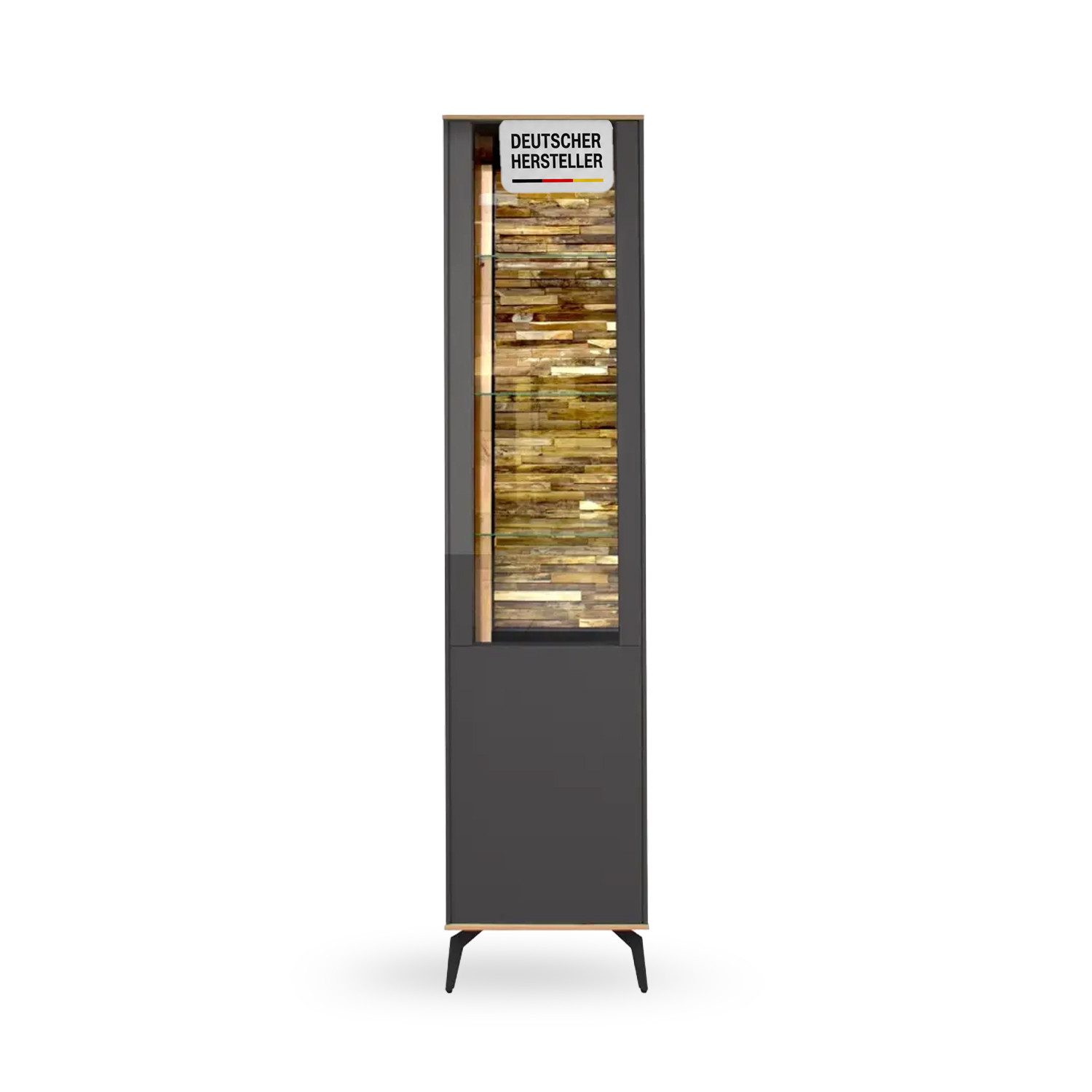 Storado Standvitrine Faro 43×193×42cm, Standvitrine mit Metallfüßen, Farbe wählbar LED-Beleuchtung und grifflose Fronten mit Push-to-open