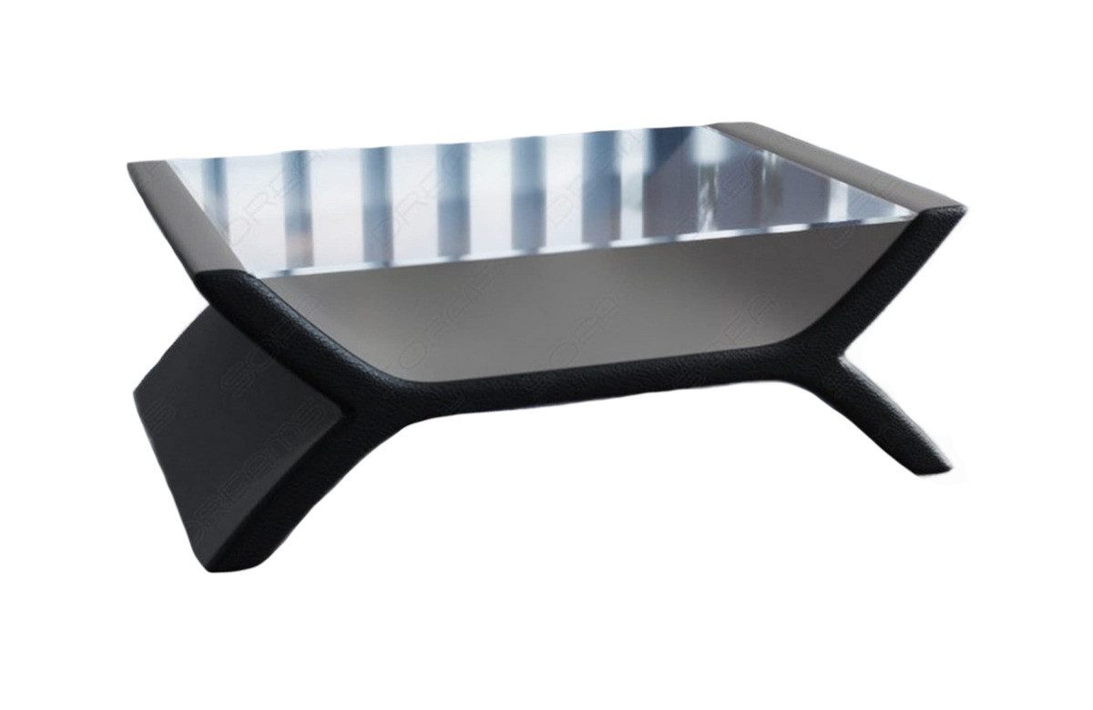 Sofa Dreams Couchtisch Calabria Tisch Stoff mit Sicherheitsglasplatte 12mm, Mikrofaser Bezug in Hellgrau, Akzentfarbe Kunstleder Schwarz