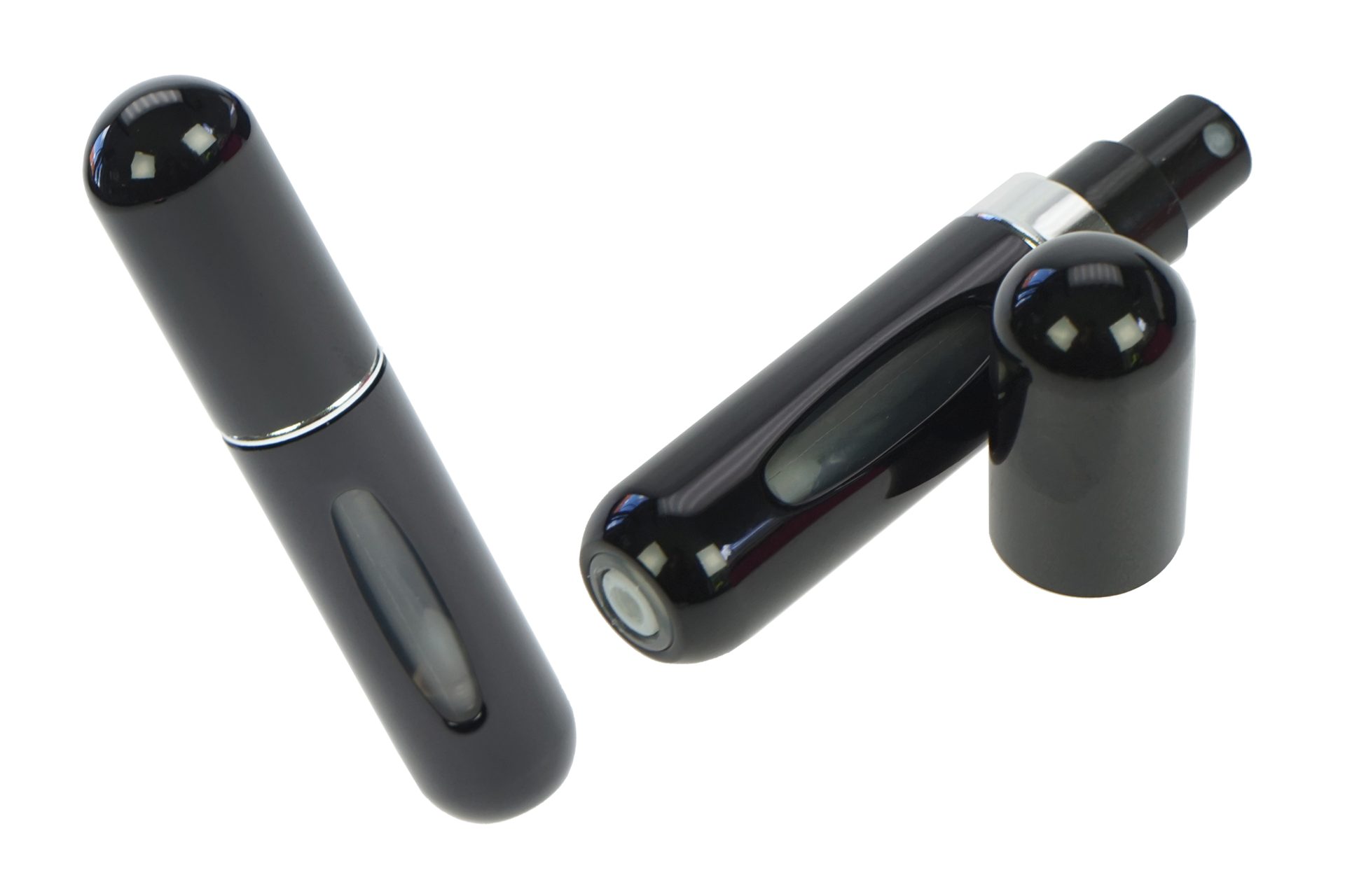 Fantasia Beauty Parfümzerstäuber Taschenzerstäuber, schwarz, für 5 ml, mit Füllautomatik (1 St), für 5 ml Inhalt, Aluminium, Füllautomatik, Sichtfenster