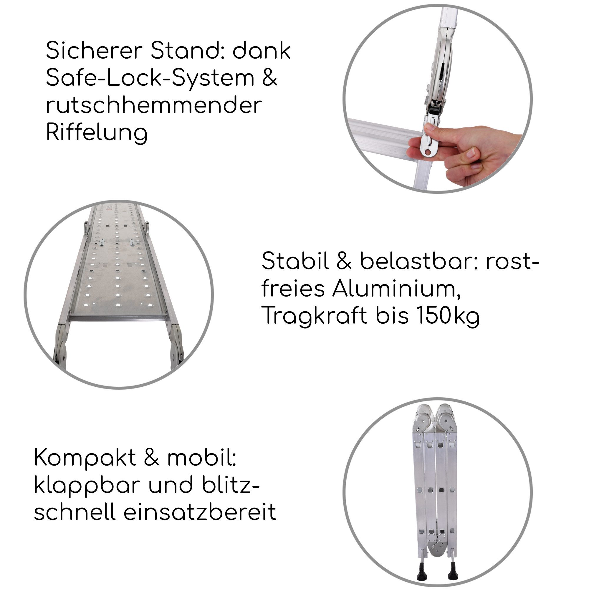 Raburg multi-purpose ladder, multi-jointed ladder, extension ladder, step ladder & work platform, Stage, foldable universal ladder, TÜV/GS certified, up to 150 kg