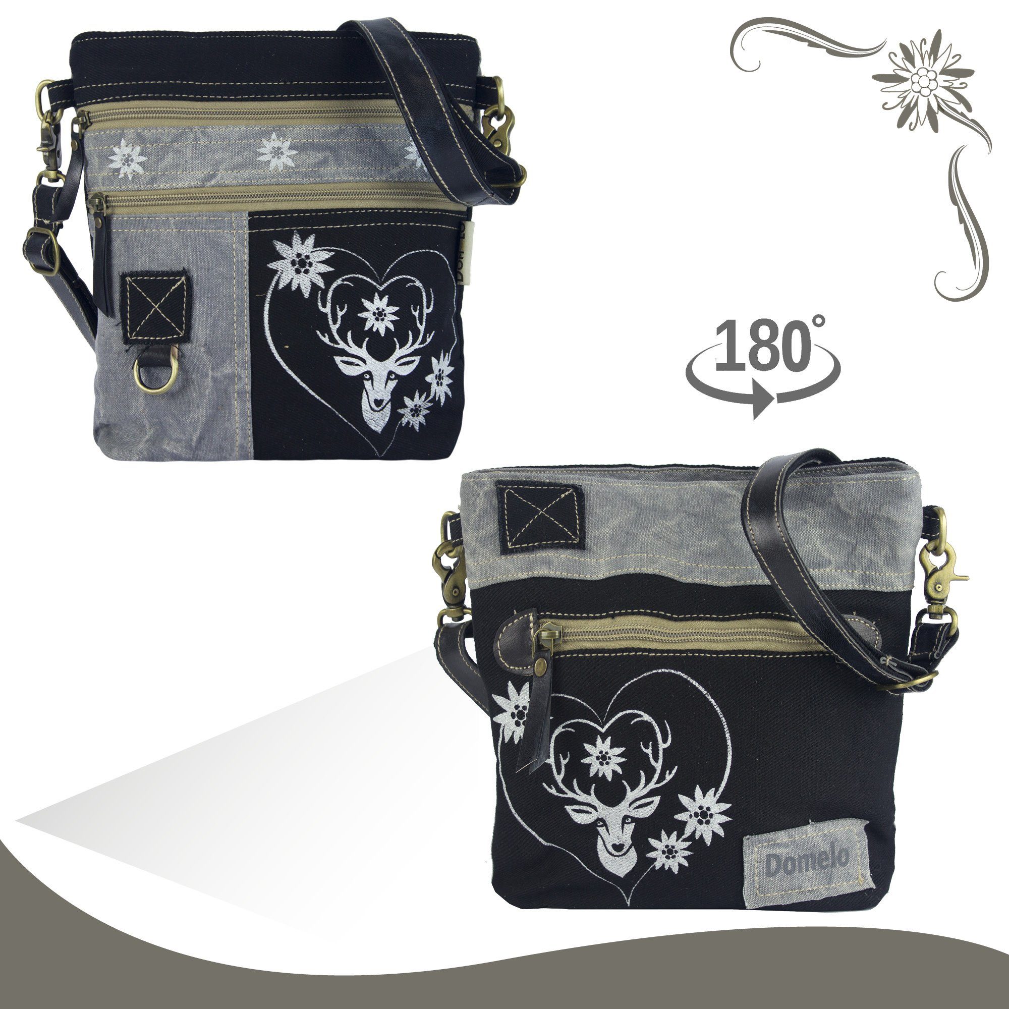 Domelo Trachtentasche Dirndl Umhängetasche mit Trachtenmotiv, Vintage Look Reh Aufdruck, Ring für Schlüsselanhänger