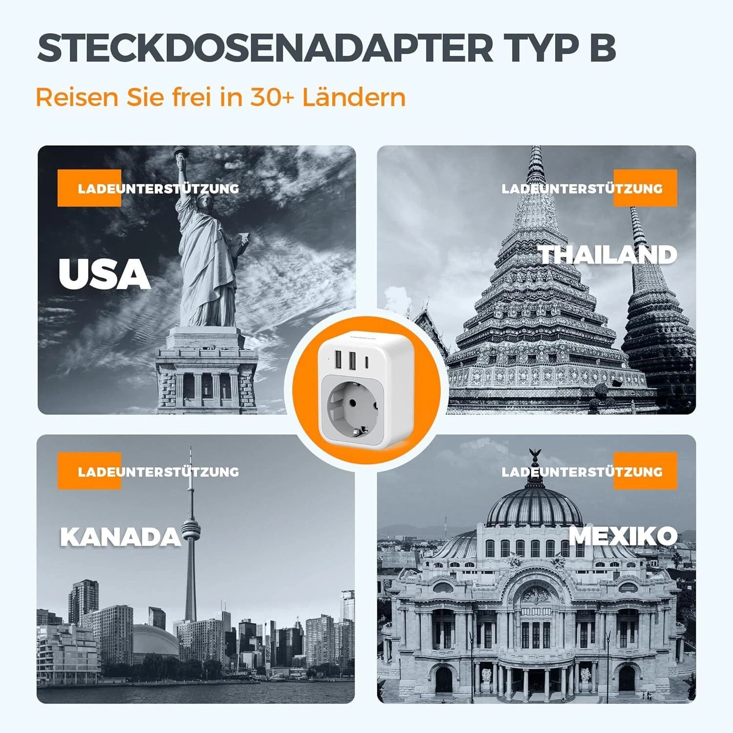 TESSAN Steckdosenleiste Reiseadapter US mit 1 USB C und 2 USB A Reiseadapter