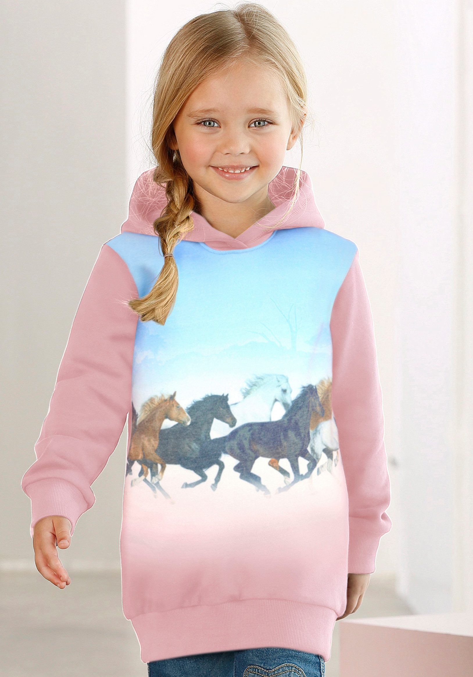 KIDSWORLD Longsweatshirt für kleine Mädchen Langarm, bedruckt, mit Kapuze, aus angerauter Sweatware