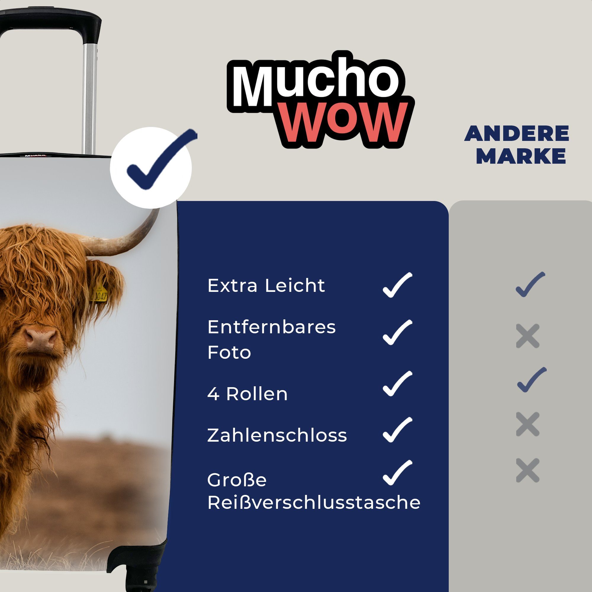 MuchoWow Handgepäckkoffer Schottischer Highlander für - Trolley, mit 4 Gras, Rollen, rollen, Reisetasche - Handgepäck Düne Ferien, Reisekoffer