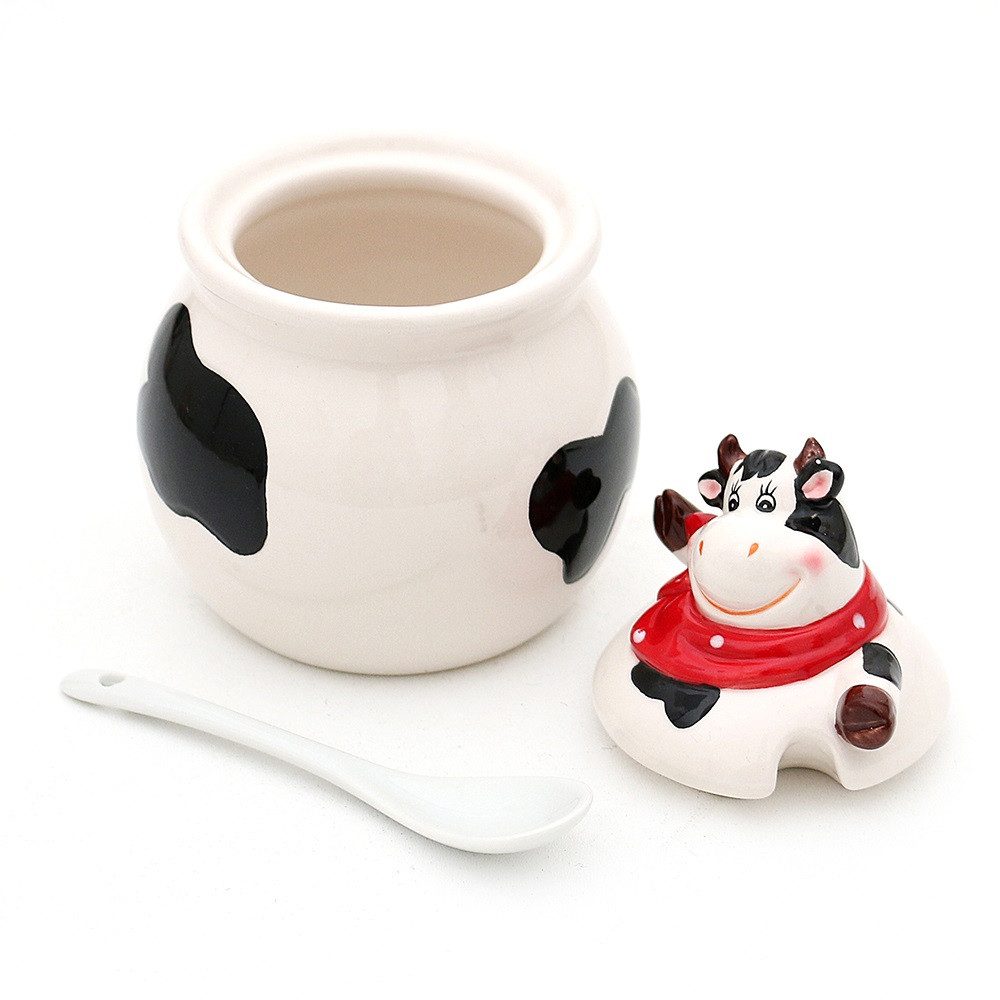 SIGRO Vorratsdose Kuh, Dose, Behalter, Geschirr/ Serviergeschirr Erdebeeren Motiv, Dolomite Zuckerdose Kuh mit Löffel 10,2 x 10,2 x 11 cm, Keramik, versch. Ausführungen, Tischdeko, ideal als Geschenk