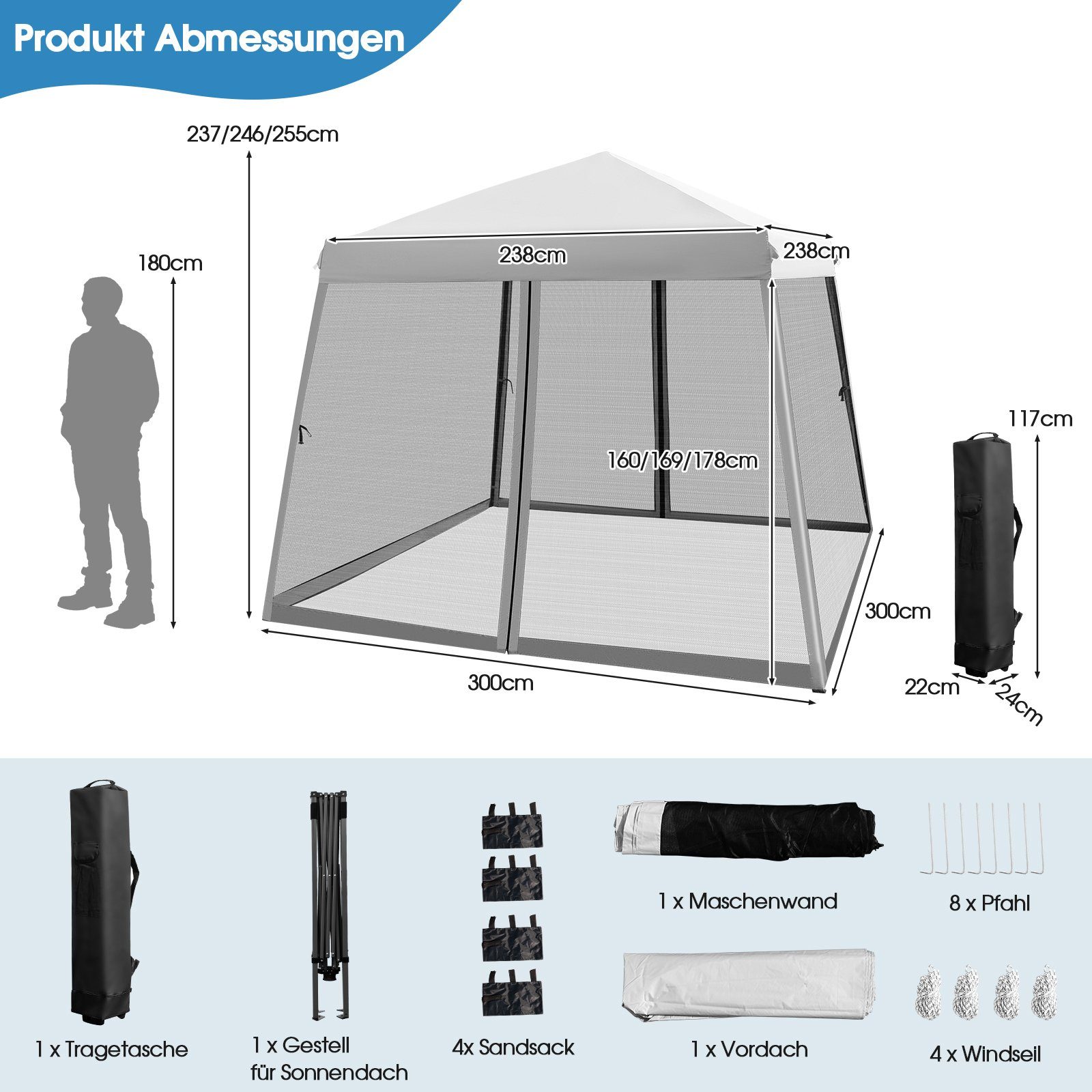 COSTWAY Partyzelt 3 x 3m Gartenzelt, mit Tragetasche, höhenverstellbar