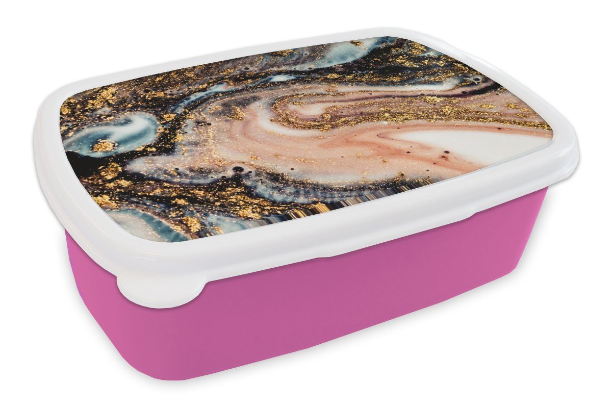 MuchoWow Lunchbox Marmoroptik - Gold - Schwarz - Glitzer - Chic, Kunststoff, (2-tlg), Brotbox für Erwachsene, Brotdose Kinder, Snackbox, Mädchen, Kunststoff rosa