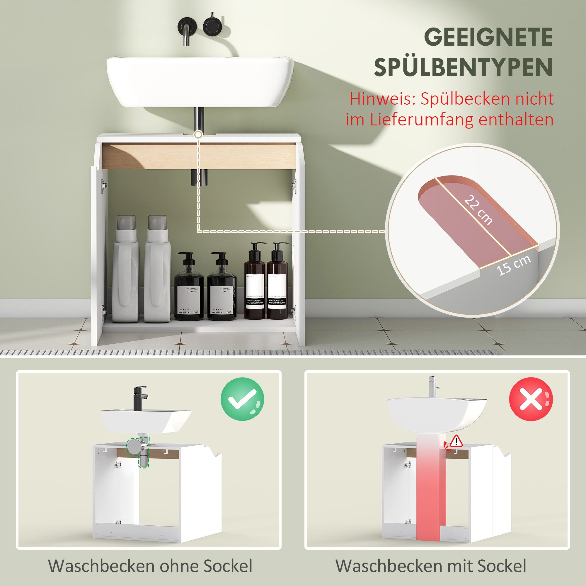 HOMCOM Waschbeckenunterschrank Waschtischunterschrank mit Soft-Close Badezimmerschrank Weiß (Waschtischunterschrank, 1-St., Badezimmer Unterschrank) Mit U-Aussc – Bild 4 von 5