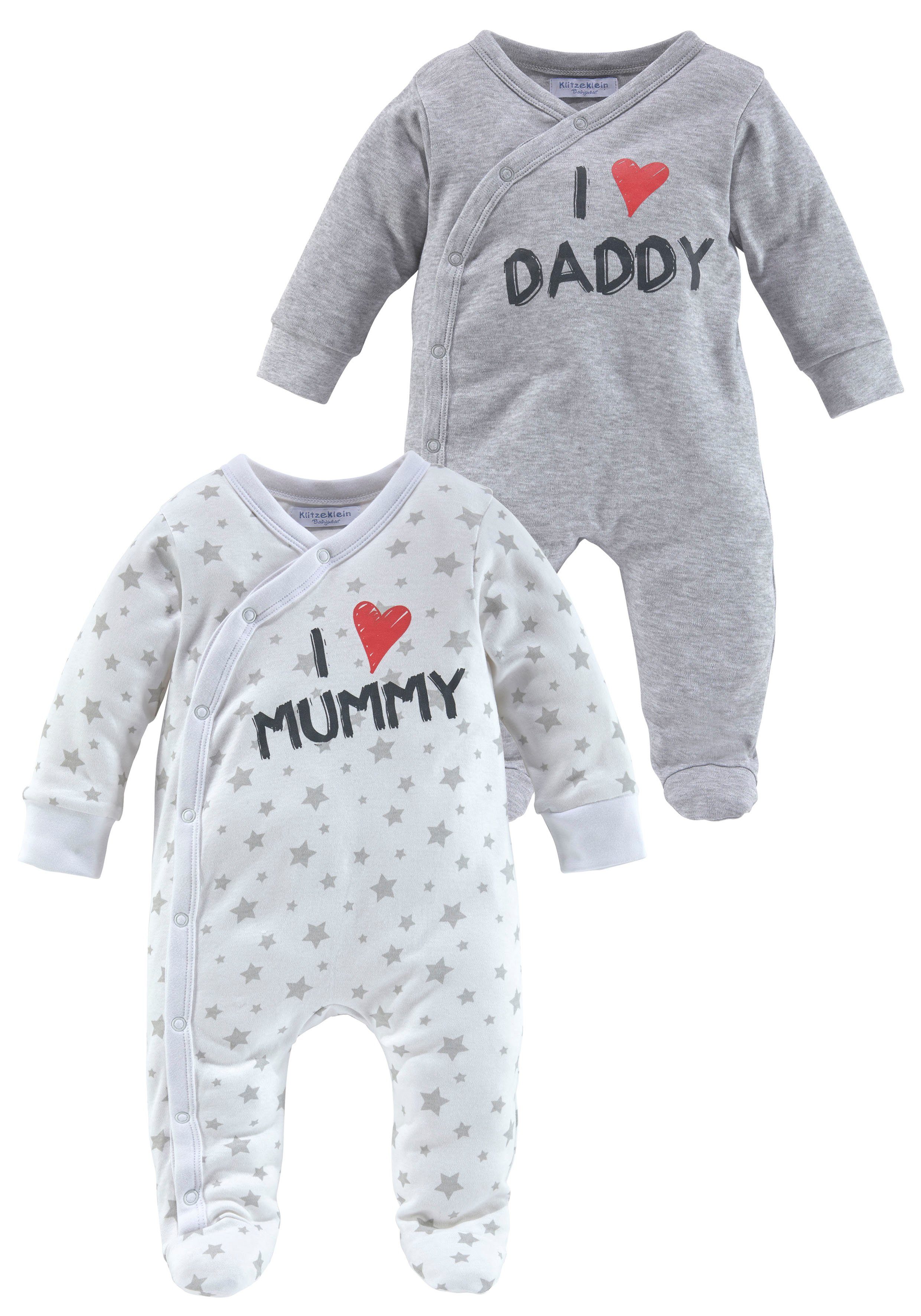 Klitzeklein Schlafoverall I love Mummy / I love Daddy (Packung, 2-tlg) aus Bio-Baumwolle, Baby-Overalls