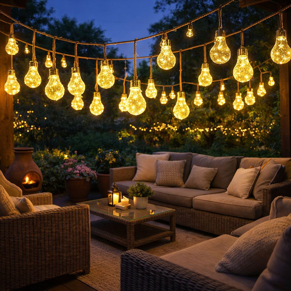 GLOBO LIGHTING LED Solarleuchte, LED-Leuchtmittel fest verbaut, Warmweiß, Solarlichterkette 20x LED Glühbirne amber Gartendeko Außenlampe Balkon
