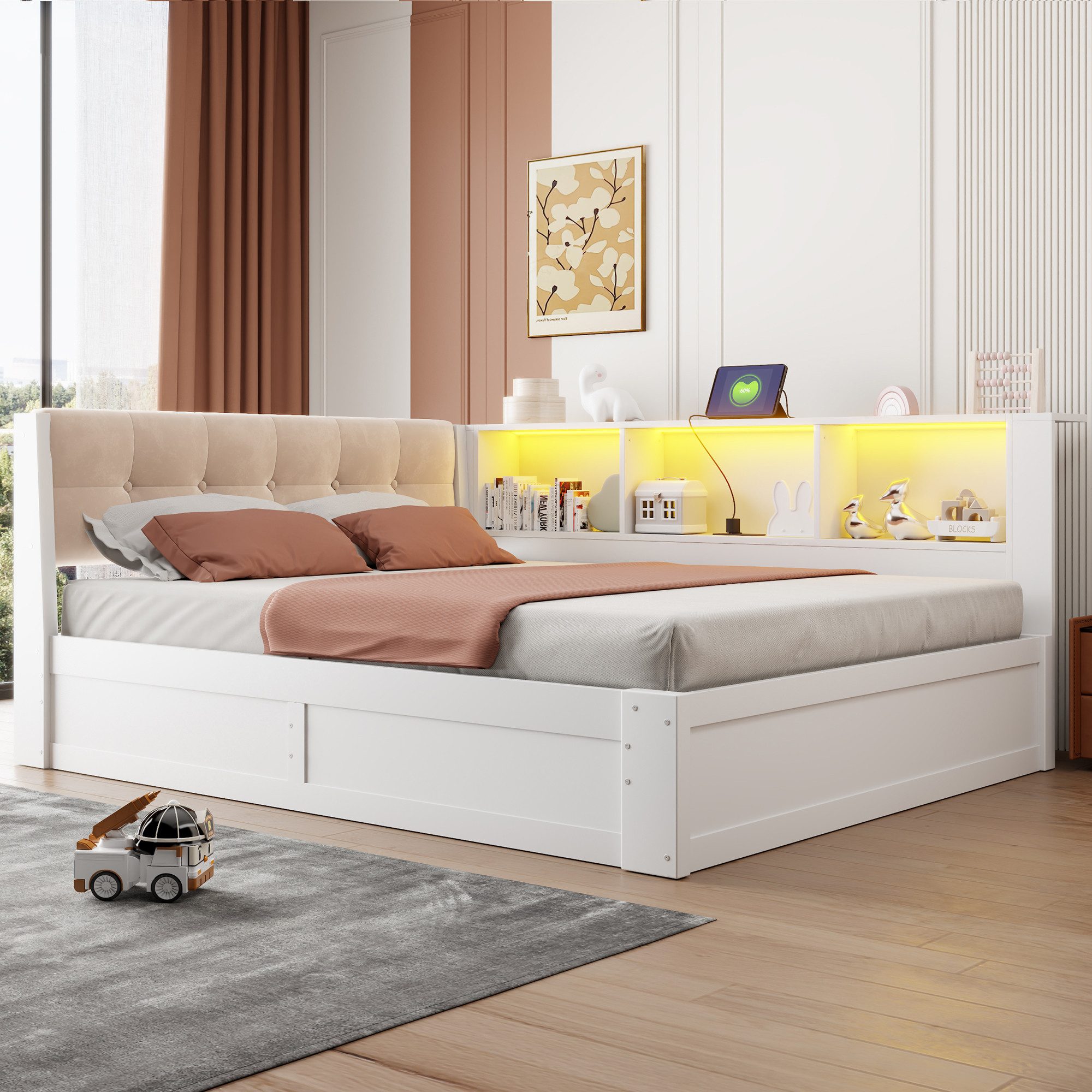 Odikalo Schlafsofa Schlafcouch 140x200 mit Bettkasten LED und USB, (Ohne Matratze), Hydraulische Lagerung, mit dimmbarer LED-Leiste, mit praktischem Regal, mit USB-Anschluss, Kiefernholz