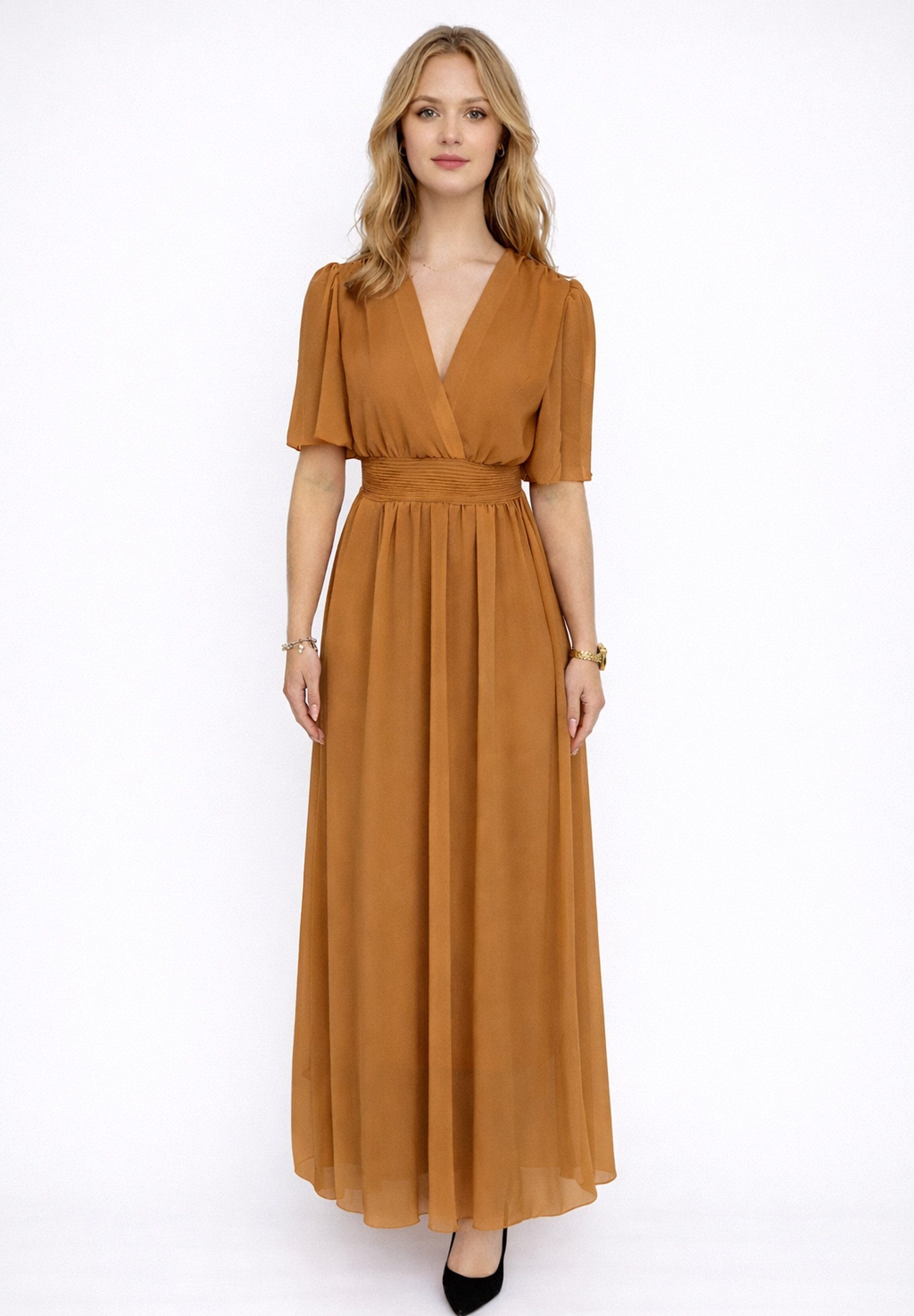 Elara Maxikleid Damen Maxikleid mit V-Ausschnitt, Flügelärmeln und gesmokter Taille (1-tlg)