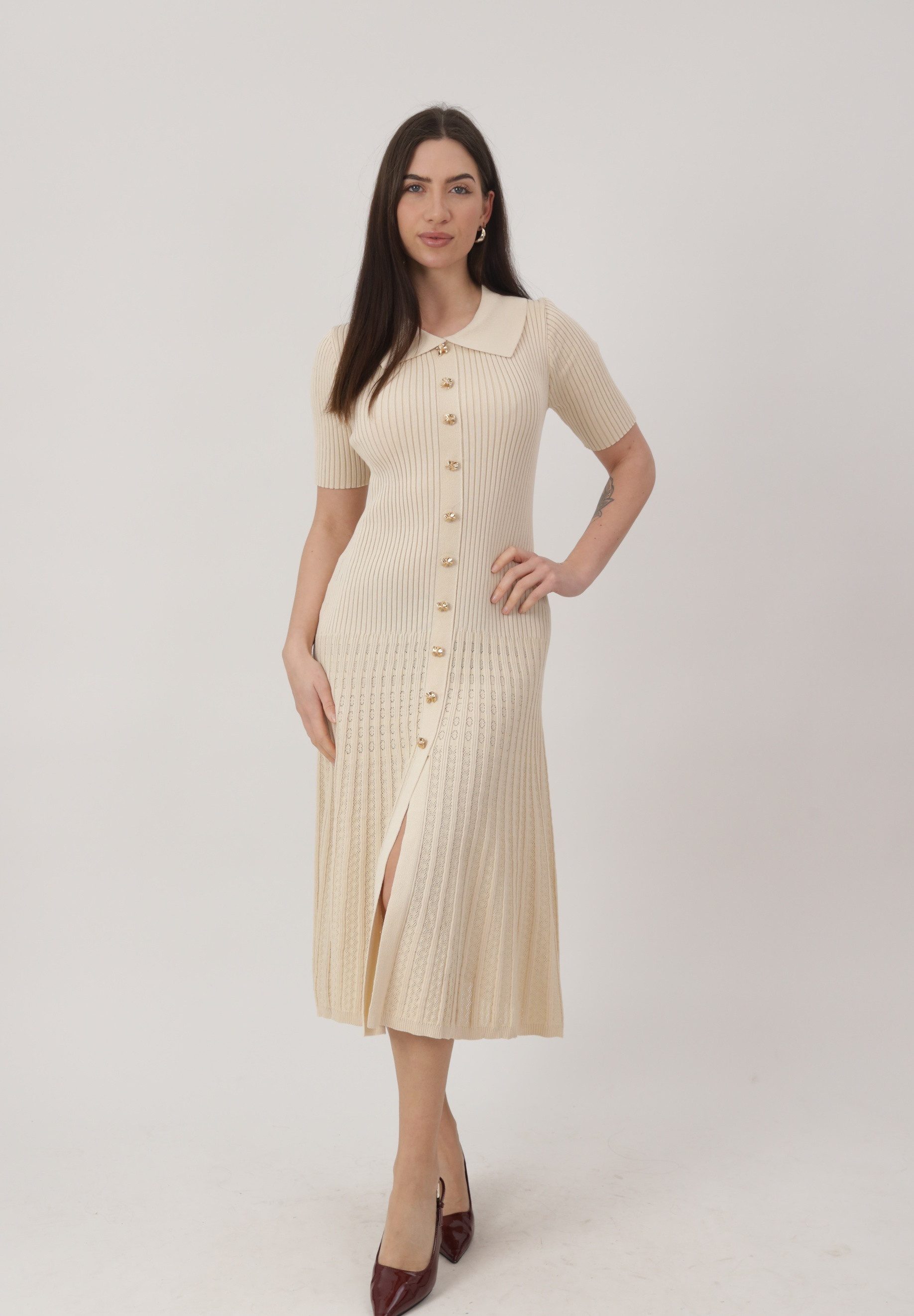 Elara Midikleid Midi Strickkleid Damen mit Polokragen & eleganter Knopfleiste – Bild 3 von 5