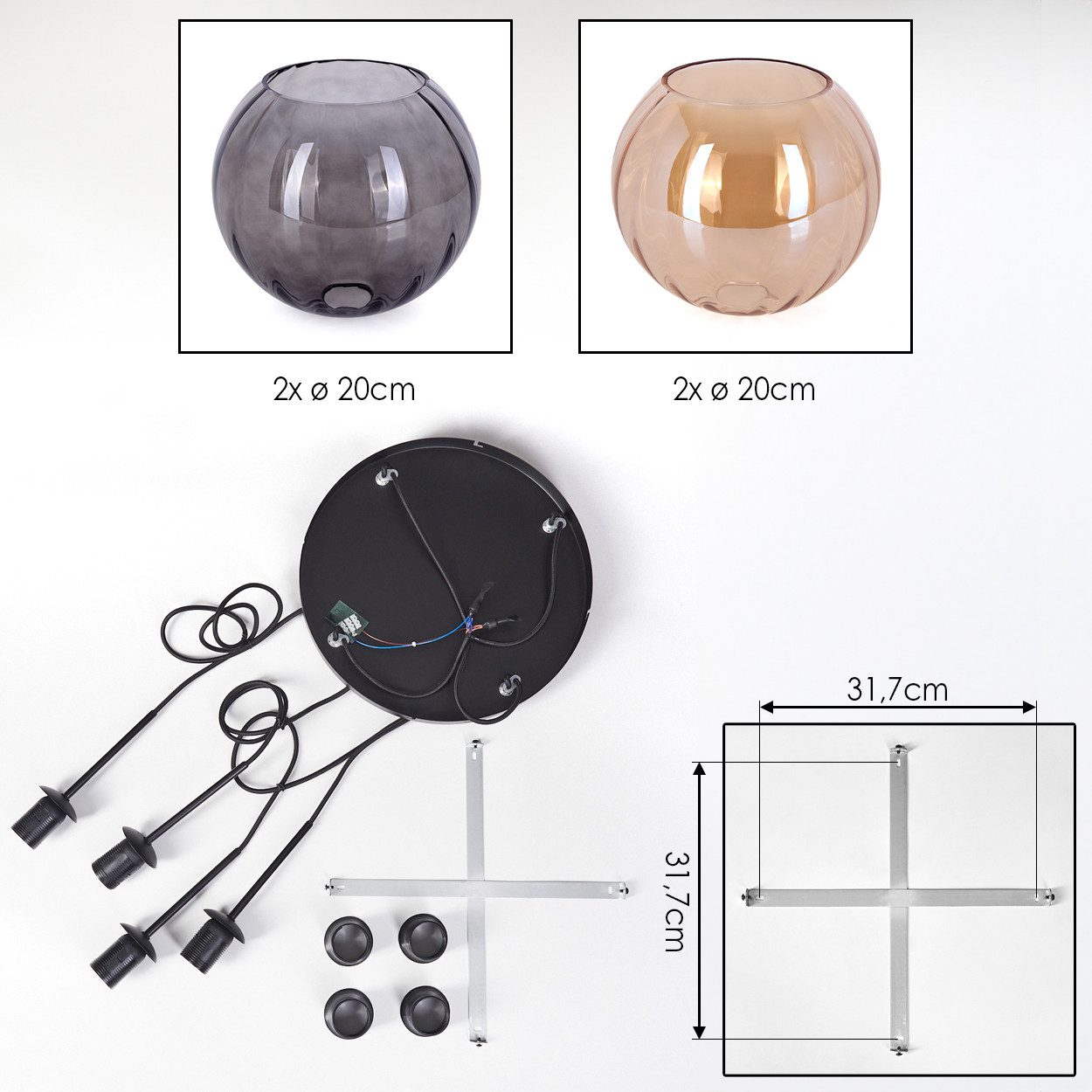 hofstein Hängeleuchte Hängelampe aus Metall/Riffelglas in Schwarz/Bernstein-/Rauchfarben, ohne Leuchtmittel, Pendelleuchte im Retro/Vintage-Design (Schirme Ø 20 cm), 4 x E27
